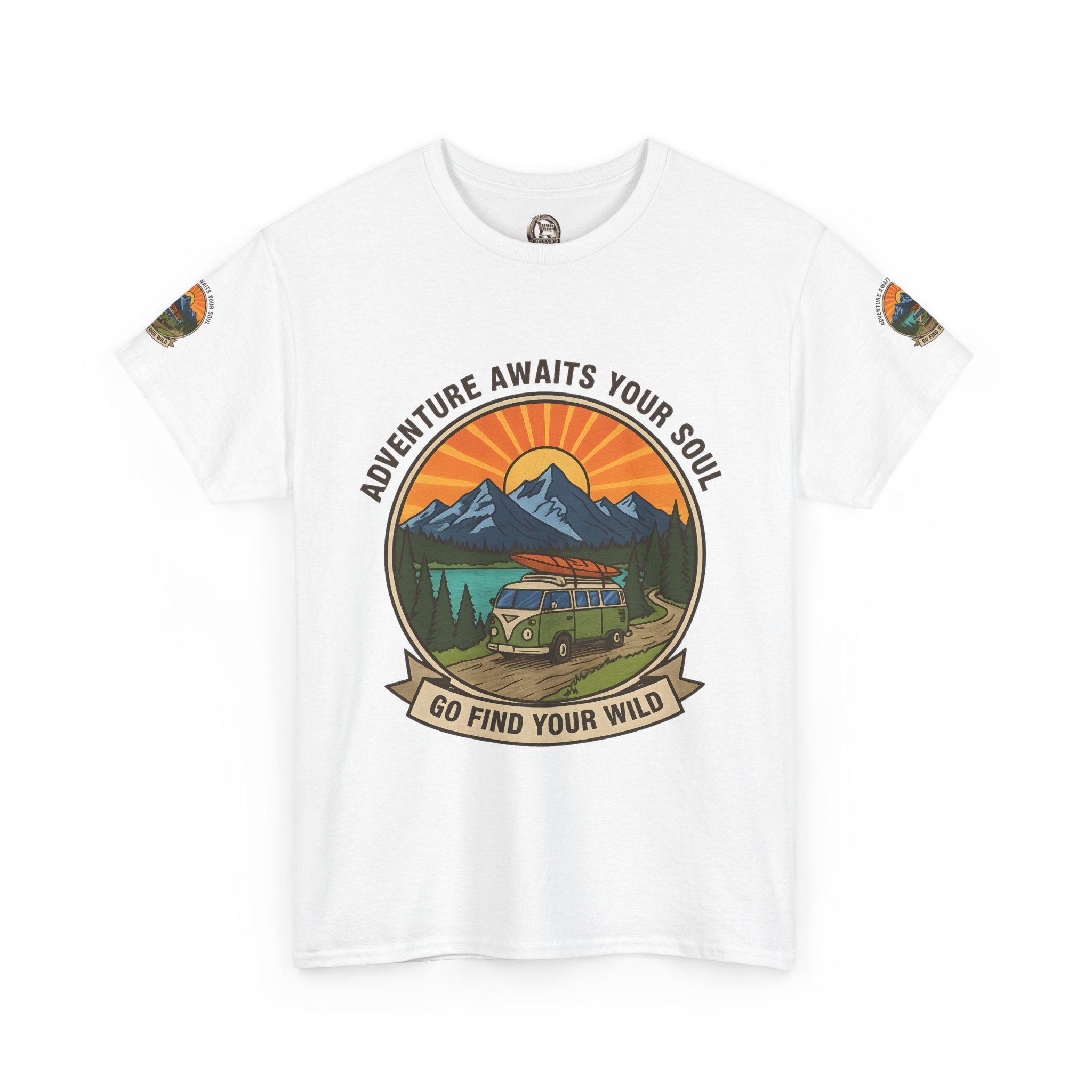 Unisex Heavy Cotton Tee — “Adventure Awaits Your Soul: Go Find Your Wild” Van & Mountain Graphic