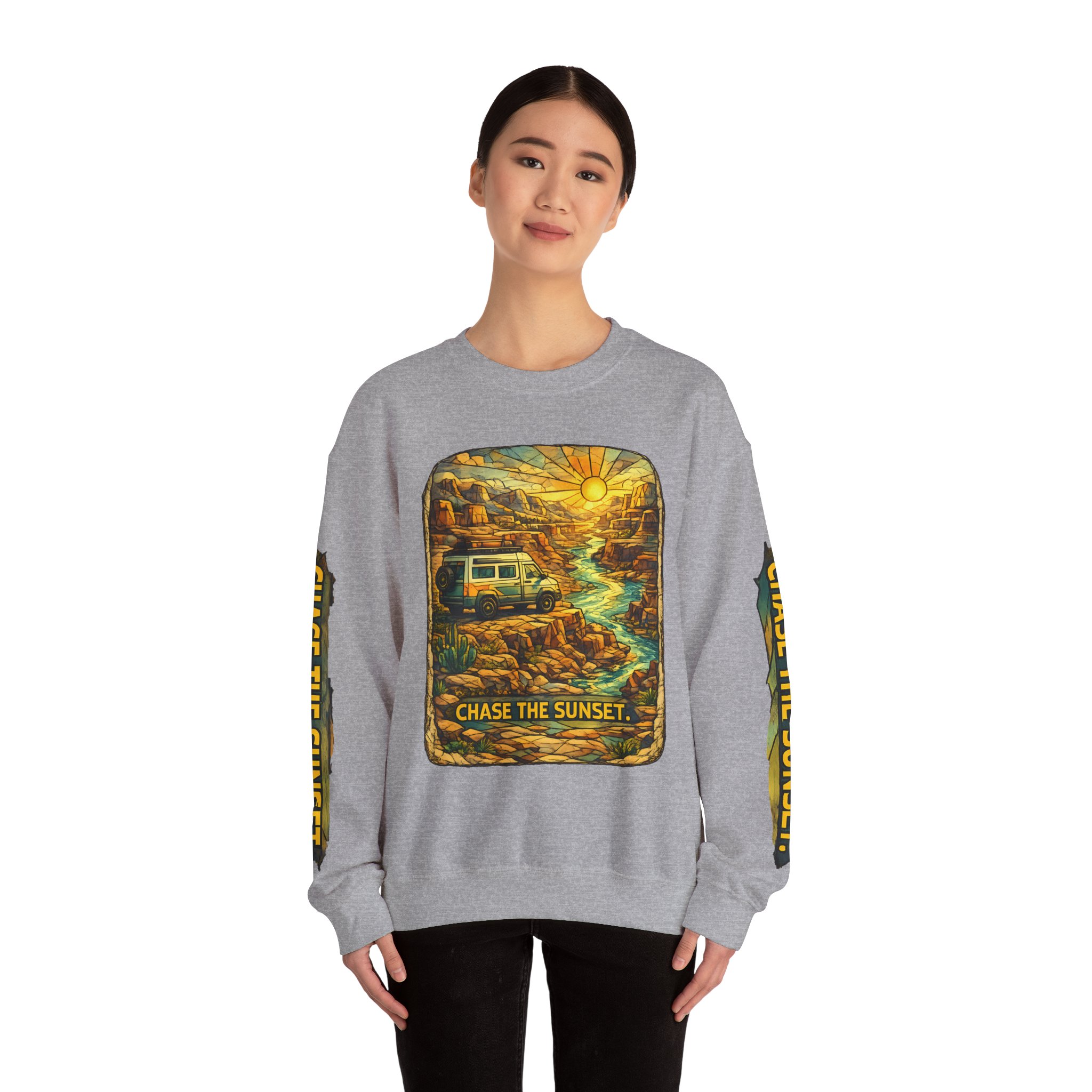 Unisex Heavy Blend™ Crewneck Sweatshirt — "Chase The Sunset" Design Cubic-Line