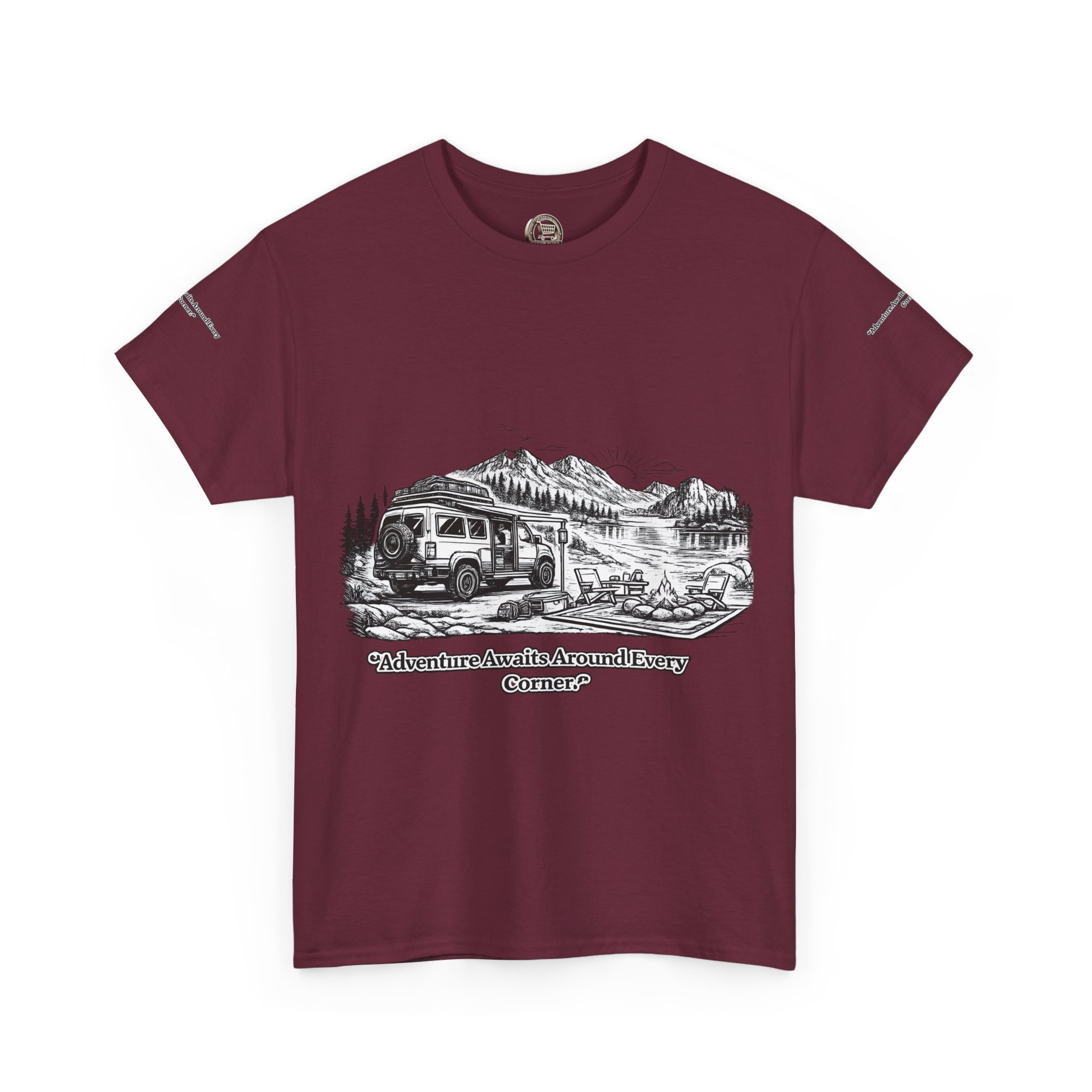 Unisex Heavy Cotton Tee — "Adventure Awaits Around Every Corner" Design Minimal-Line