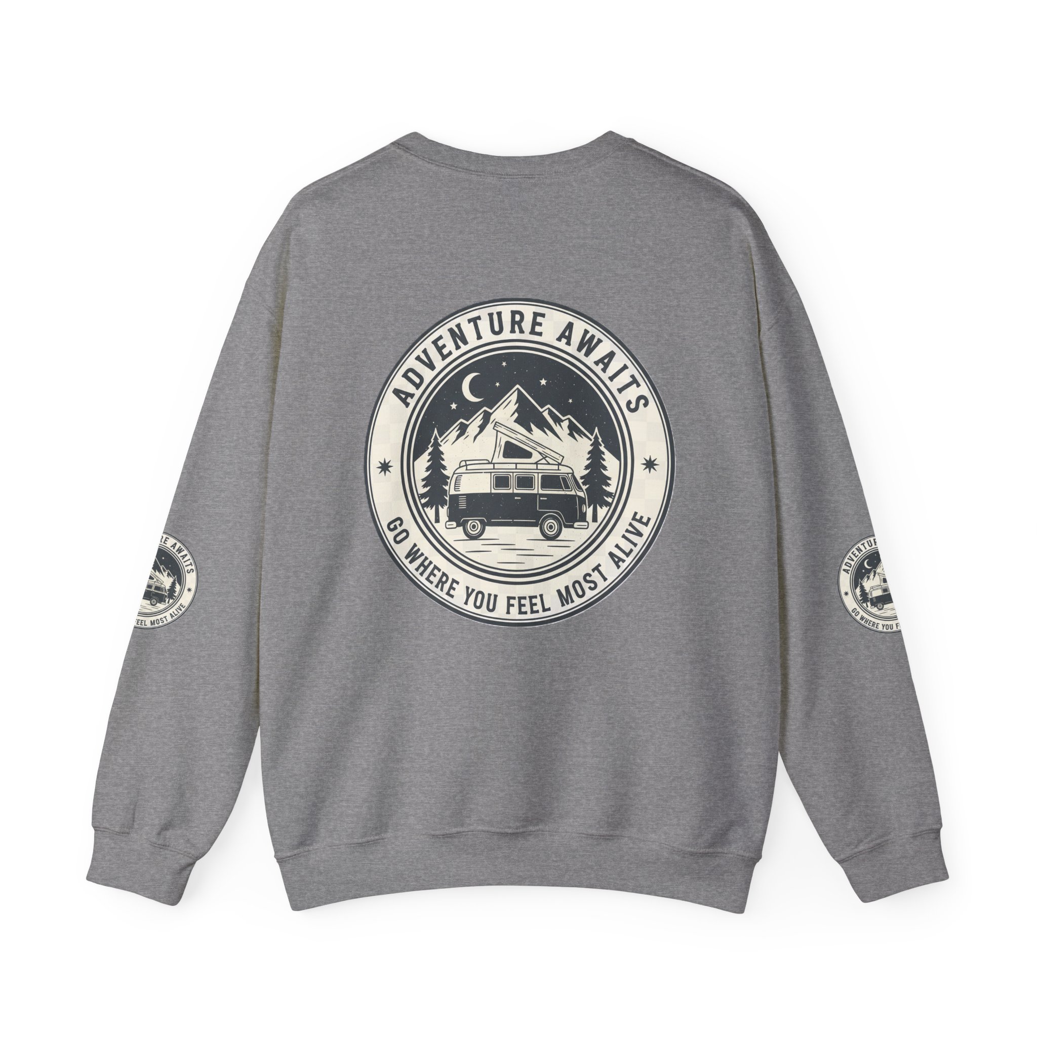 15350842676263455135_2048.jpeg Crewneck Sweatshirt — "Adventure Awaits-Go Where You Feel Most Alive" (Font + Back + Sleaves printed) Vintage Camper Van Outdoor Graphic