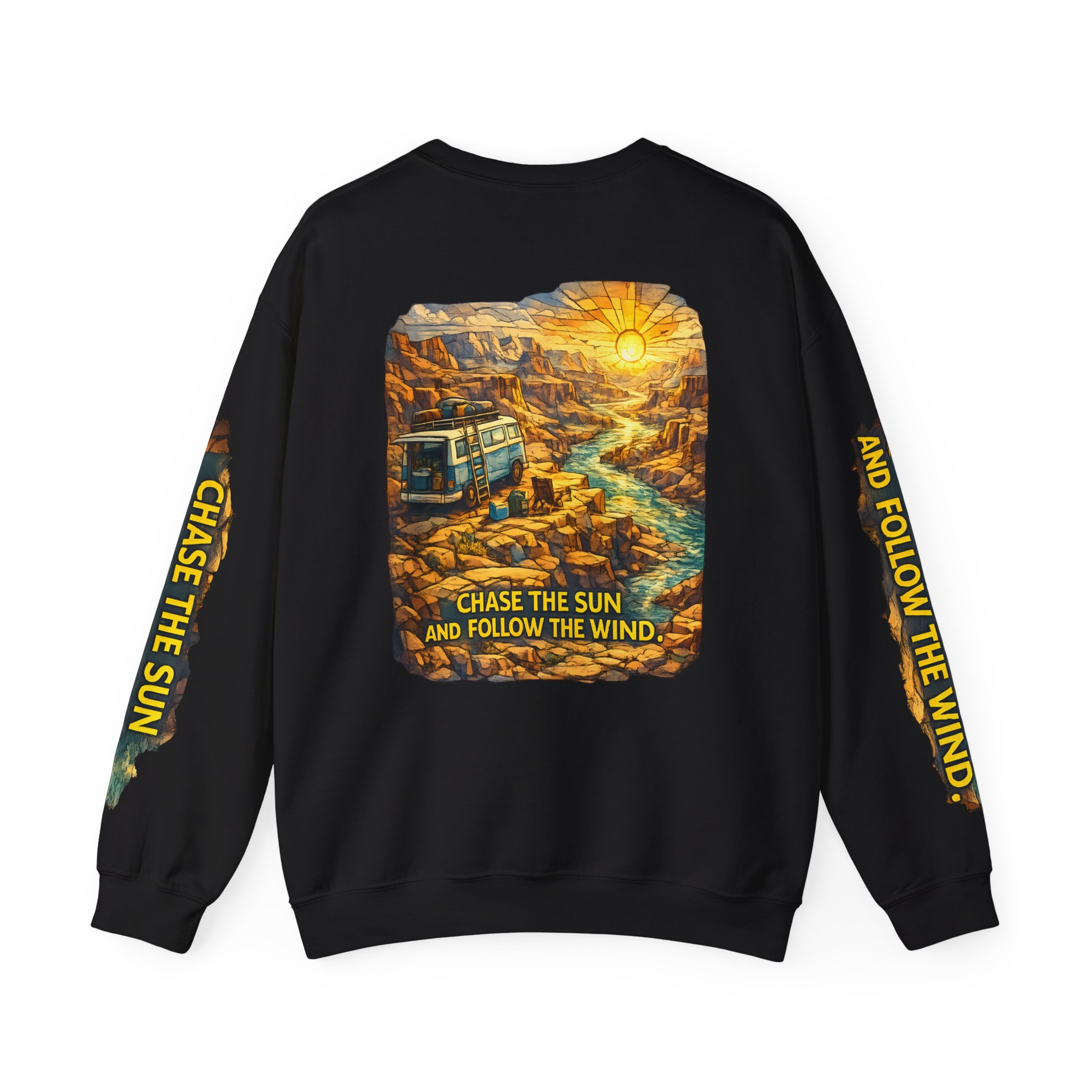 15355812939739755420_2048.jpeg Unisex Heavy Blend™ Crewneck Sweatshirt — "Chase The Sun And Follow The Wind" Design Cubic-Line
