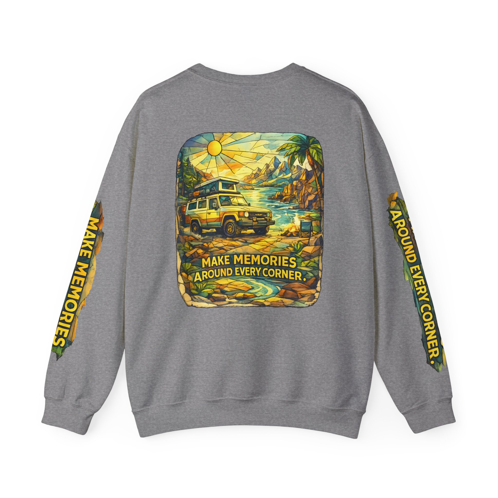 Unisex Heavy Blend™ Crewneck Sweatshirt — "Make Memories Around Every Corner" Design Cubic-Line