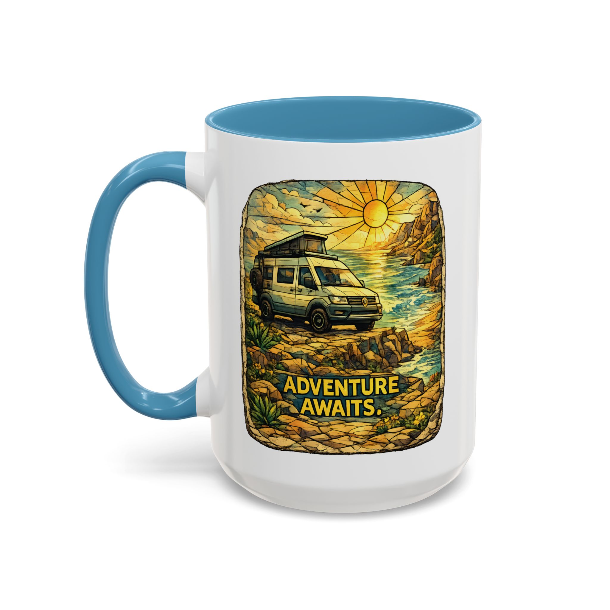 Accent Coffee Mug (11, 15oz) — "Adventure Awaits" Design Cubic-Line