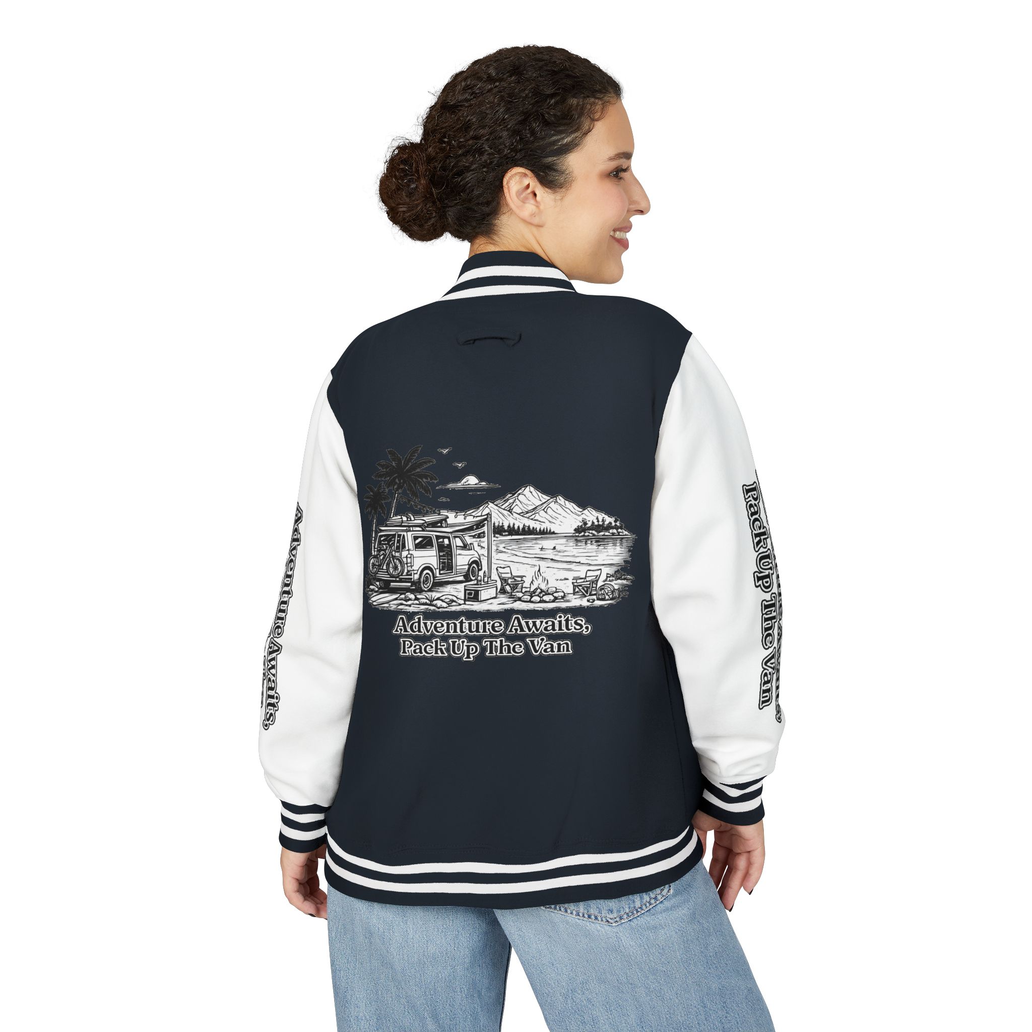 Unisex Heavyweight Letterman Jacket — "Adventure Awaits,Pack Up The Van" Travel Varsity Coat