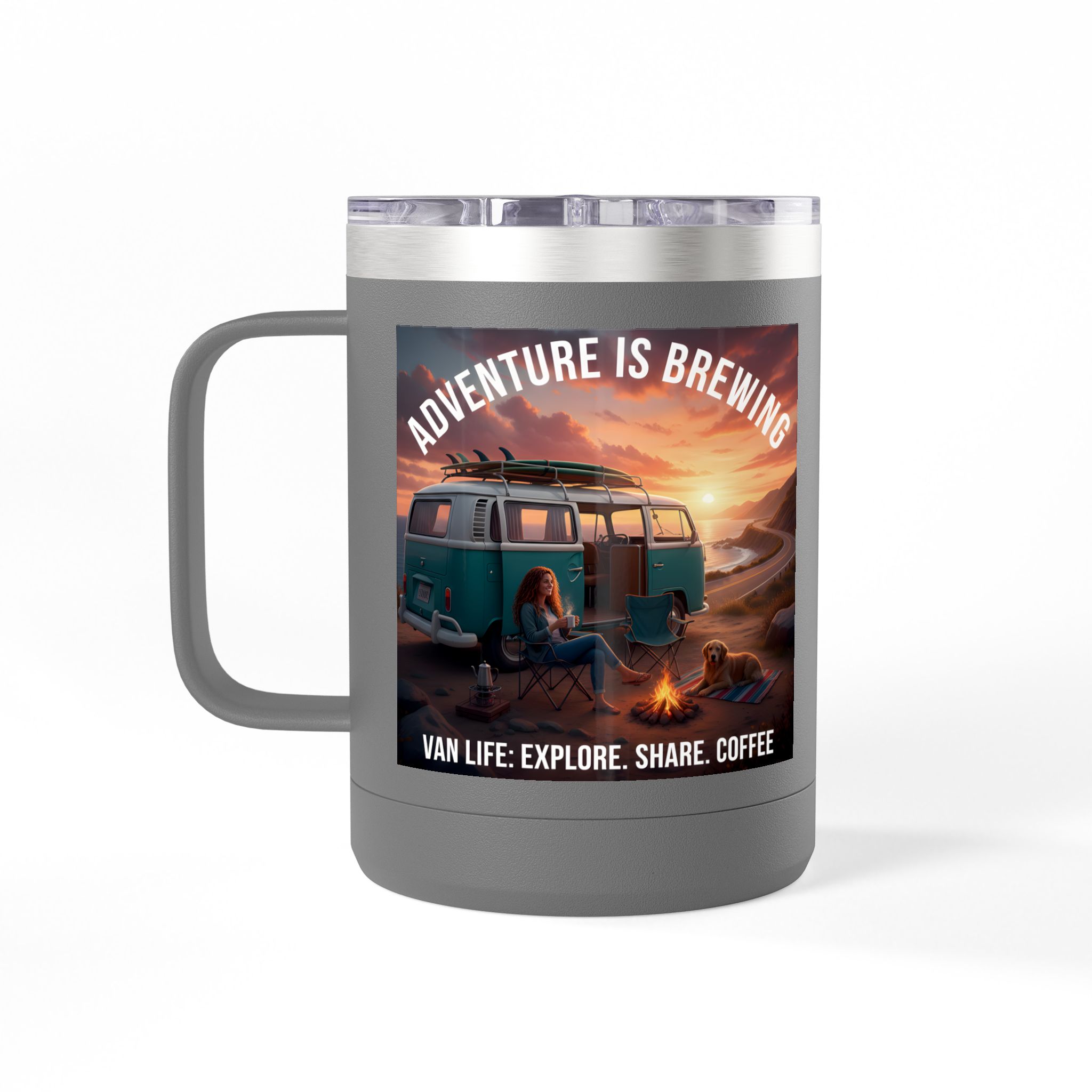 Coffee Mug Tumbler, 15oz-- "Adventure Is Brewing"
