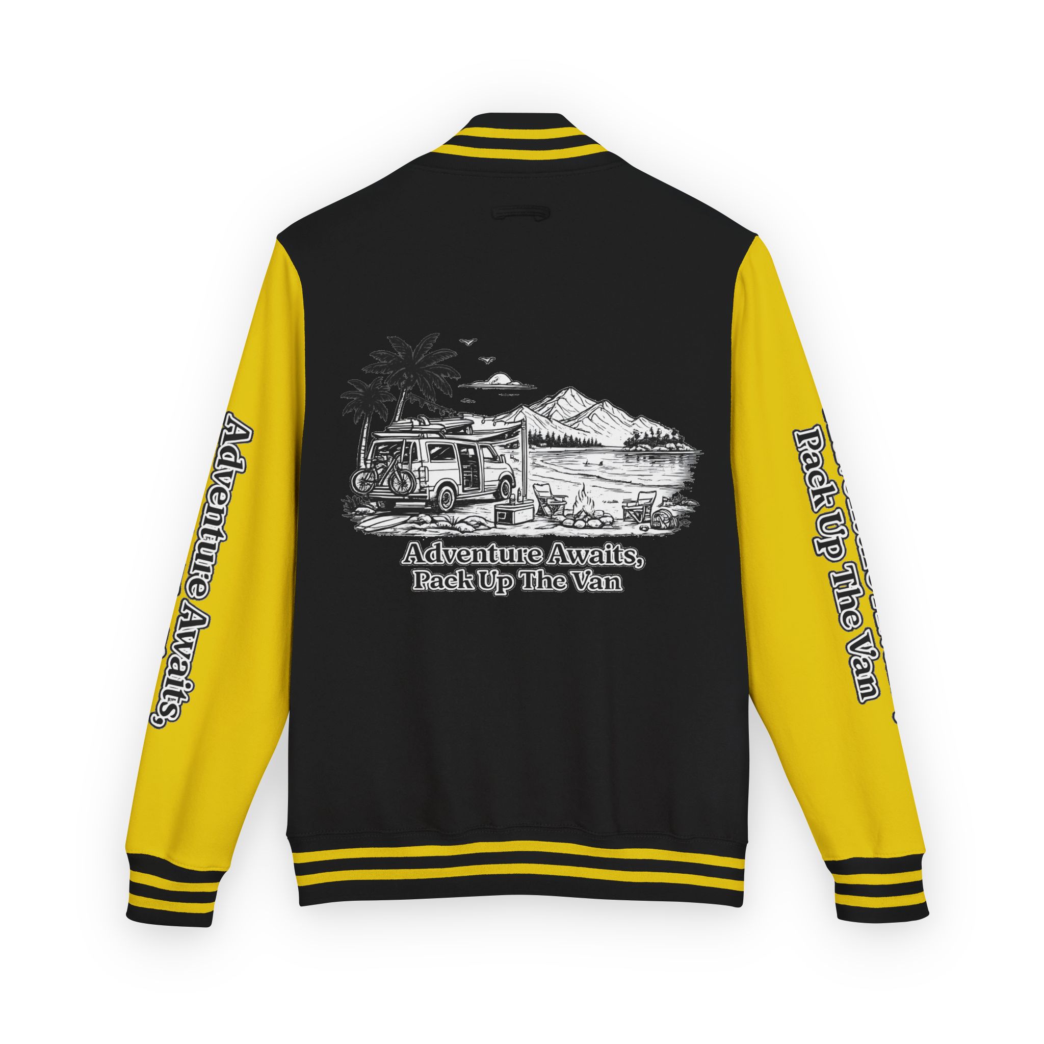 Unisex Heavyweight Letterman Jacket — "Adventure Awaits,Pack Up The Van" Travel Varsity Coat