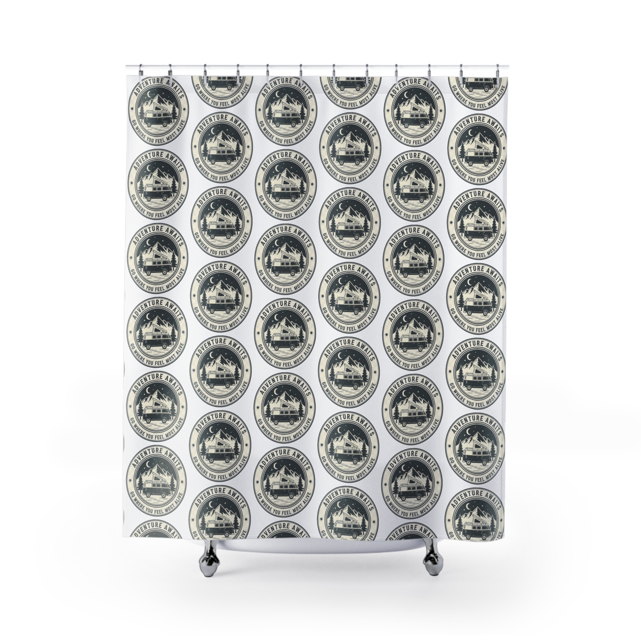 "NEW"Vintage Cabin Seal Shower Curtain – "Adventure Awaits-Go Where You Feel Most Alive" Rustic Mountain Lodge Bathroom Decor