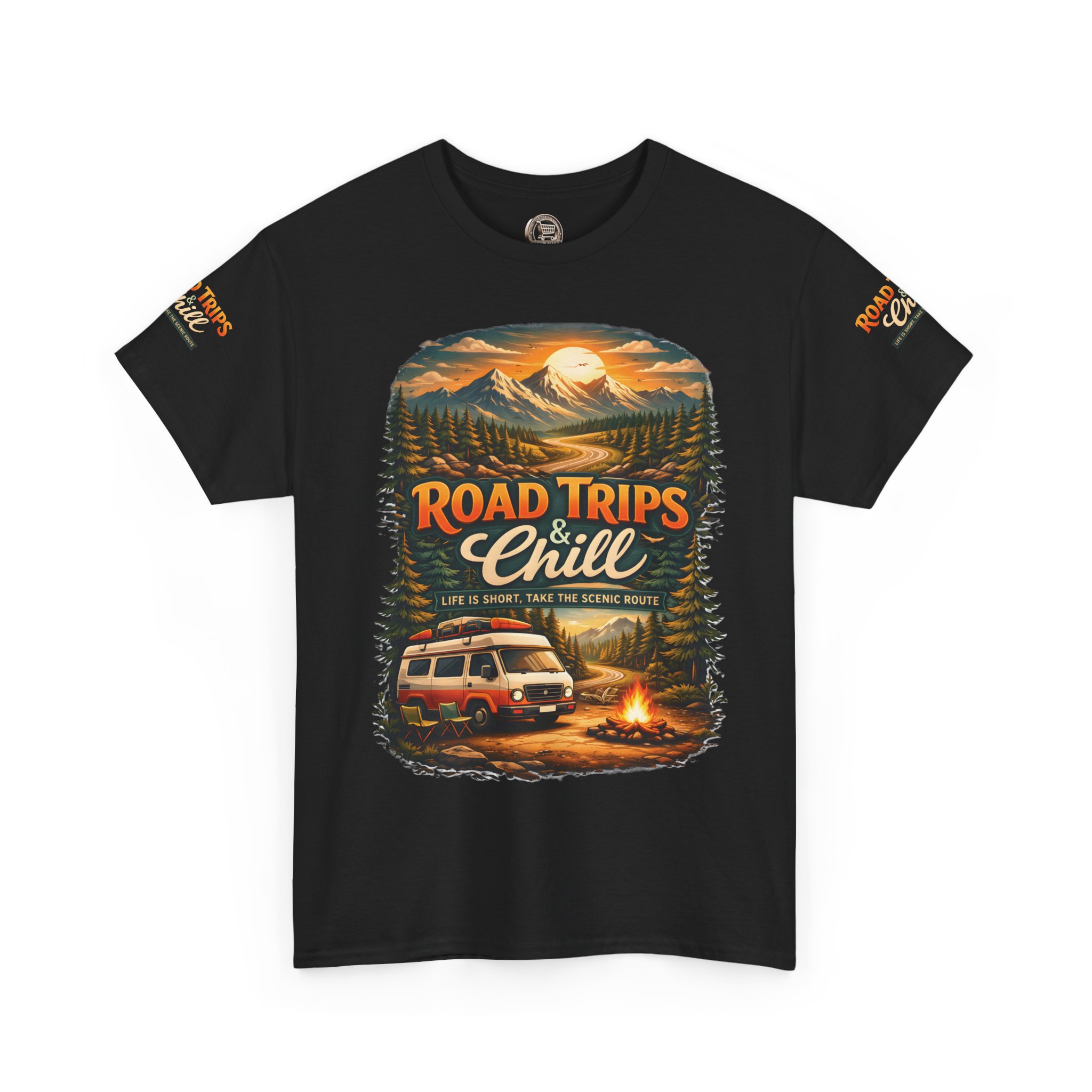 Unisex Heavy Cotton Tee — "Road Trips & Chill" Design Scenic-Line