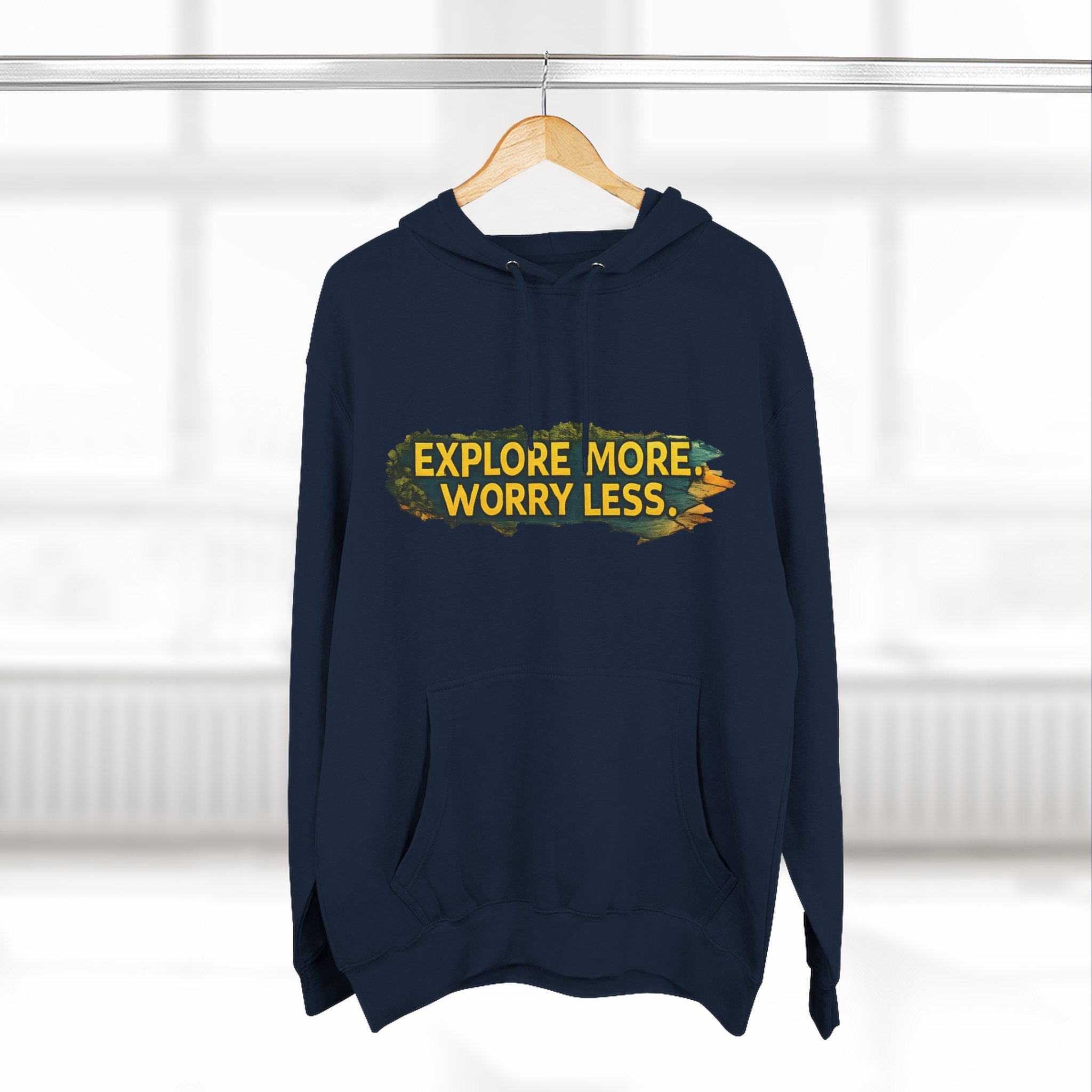 15445251240911551649_2048.jpeg Three-Panel Fleece Hoodie - "Explore More Worry Less" Design Cubic-Line