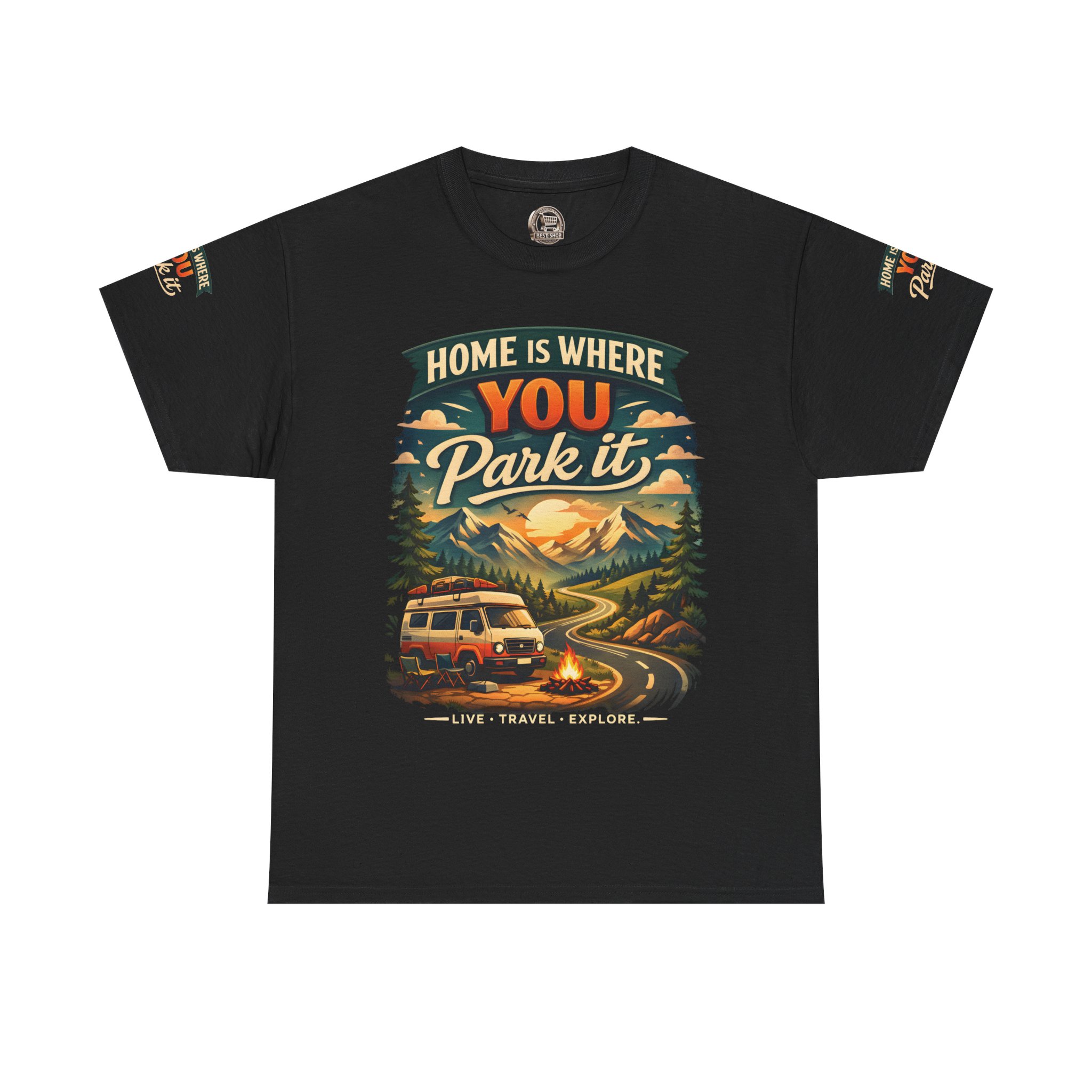 Unisex Heavy Cotton Tee — "Hom Is Where You Park It" Design Scenic-Line