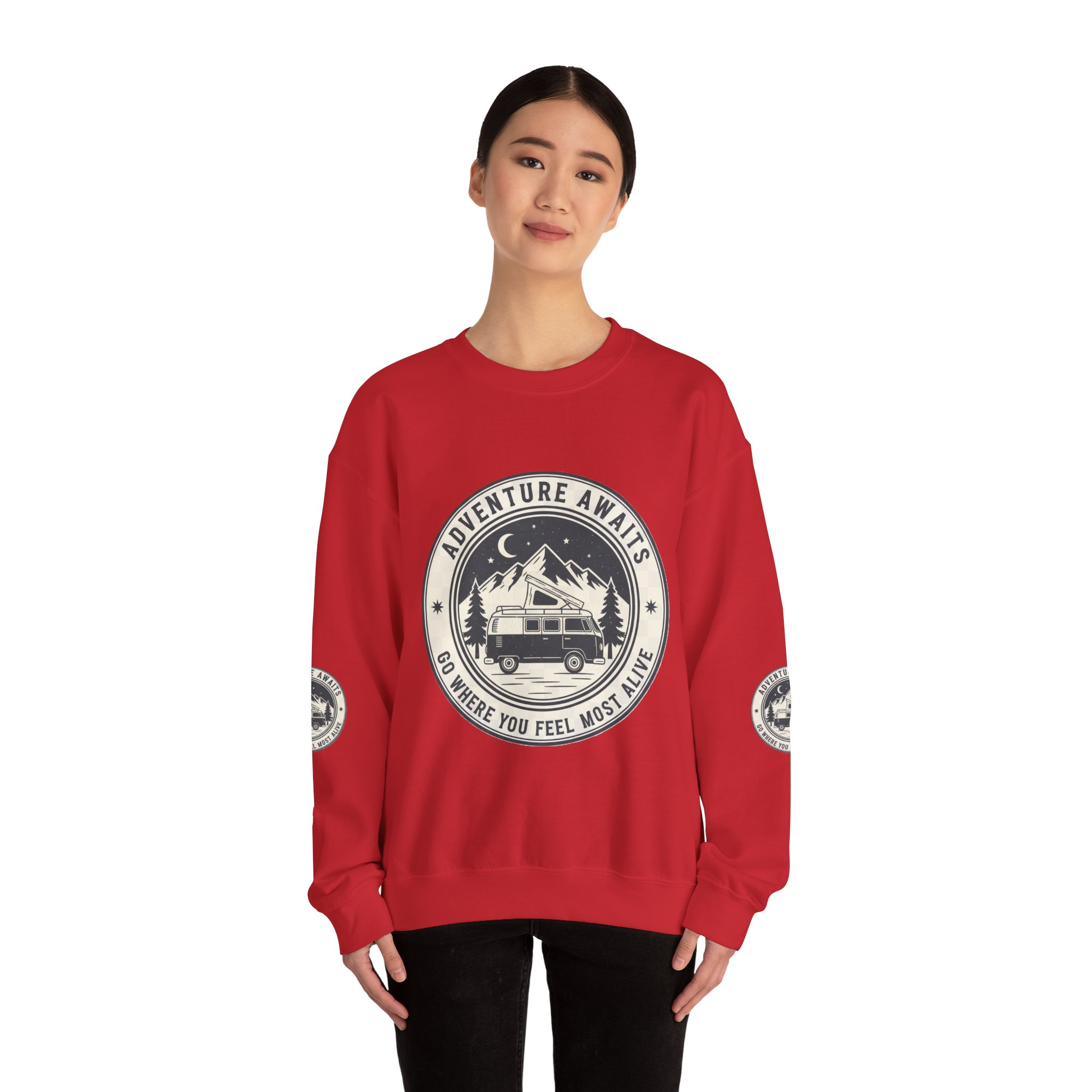 15456961080446420326_2048.jpeg Crewneck Sweatshirt — "Adventure Awaits-Go Where You Feel Most Alive" (Font + Back + Sleaves printed) Vintage Camper Van Outdoor Graphic