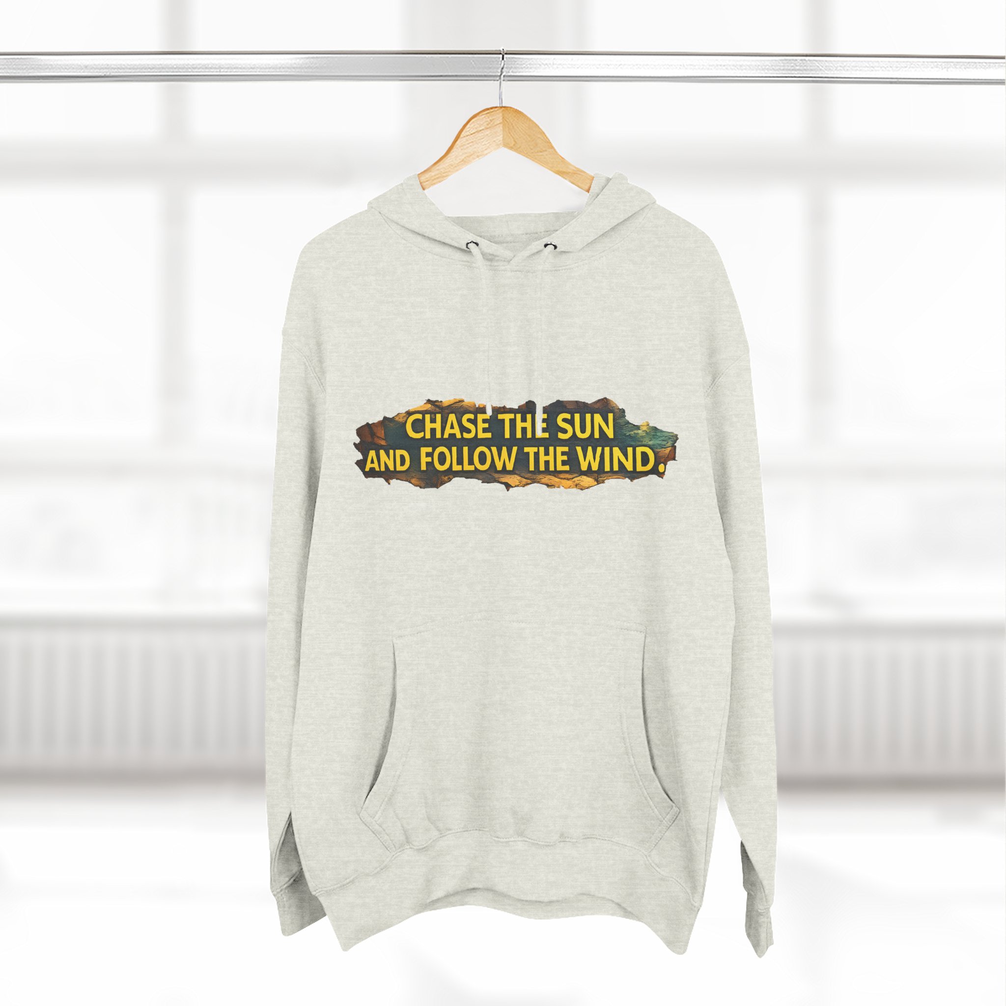 Three-Panel Fleece Hoodie - "Chase The Sun And Follow The Wind" Design Cubic-Line