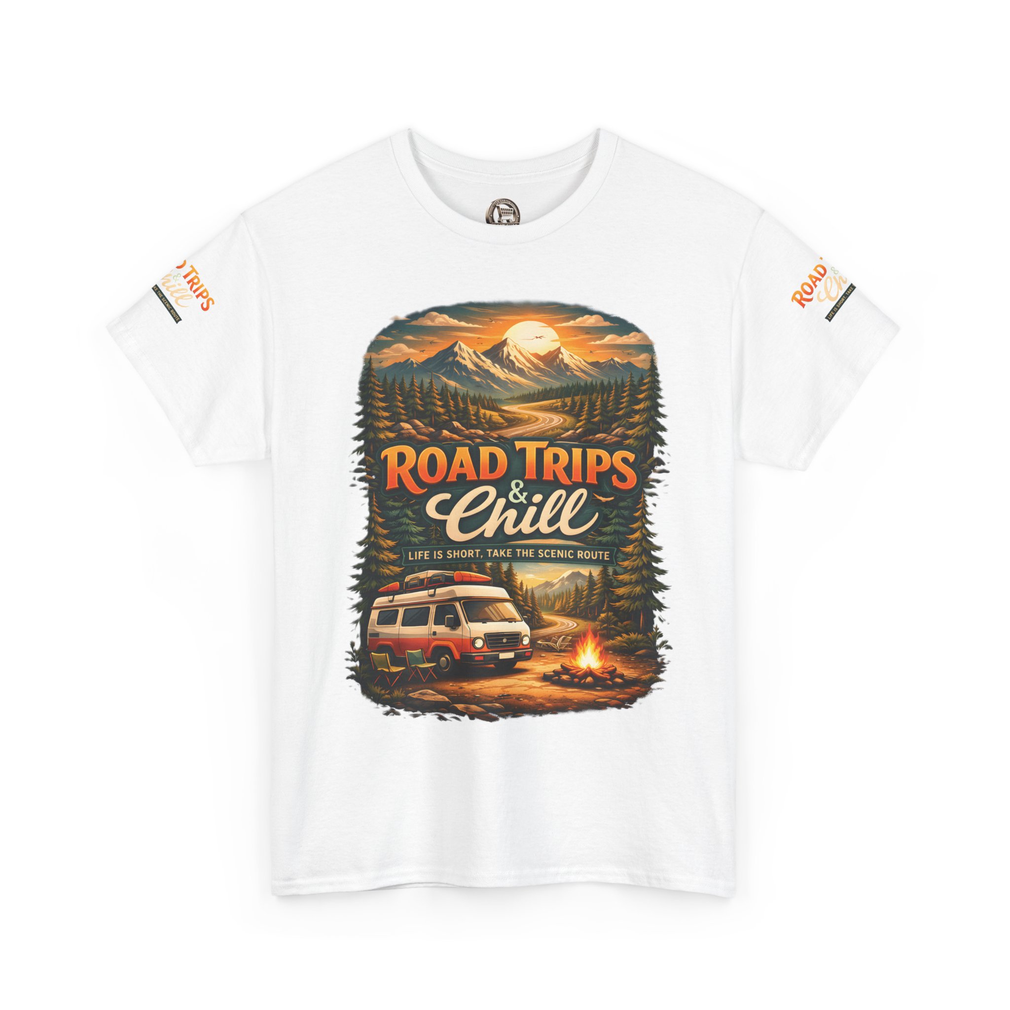 Unisex Heavy Cotton Tee — "Road Trips & Chill" Design Scenic-Line
