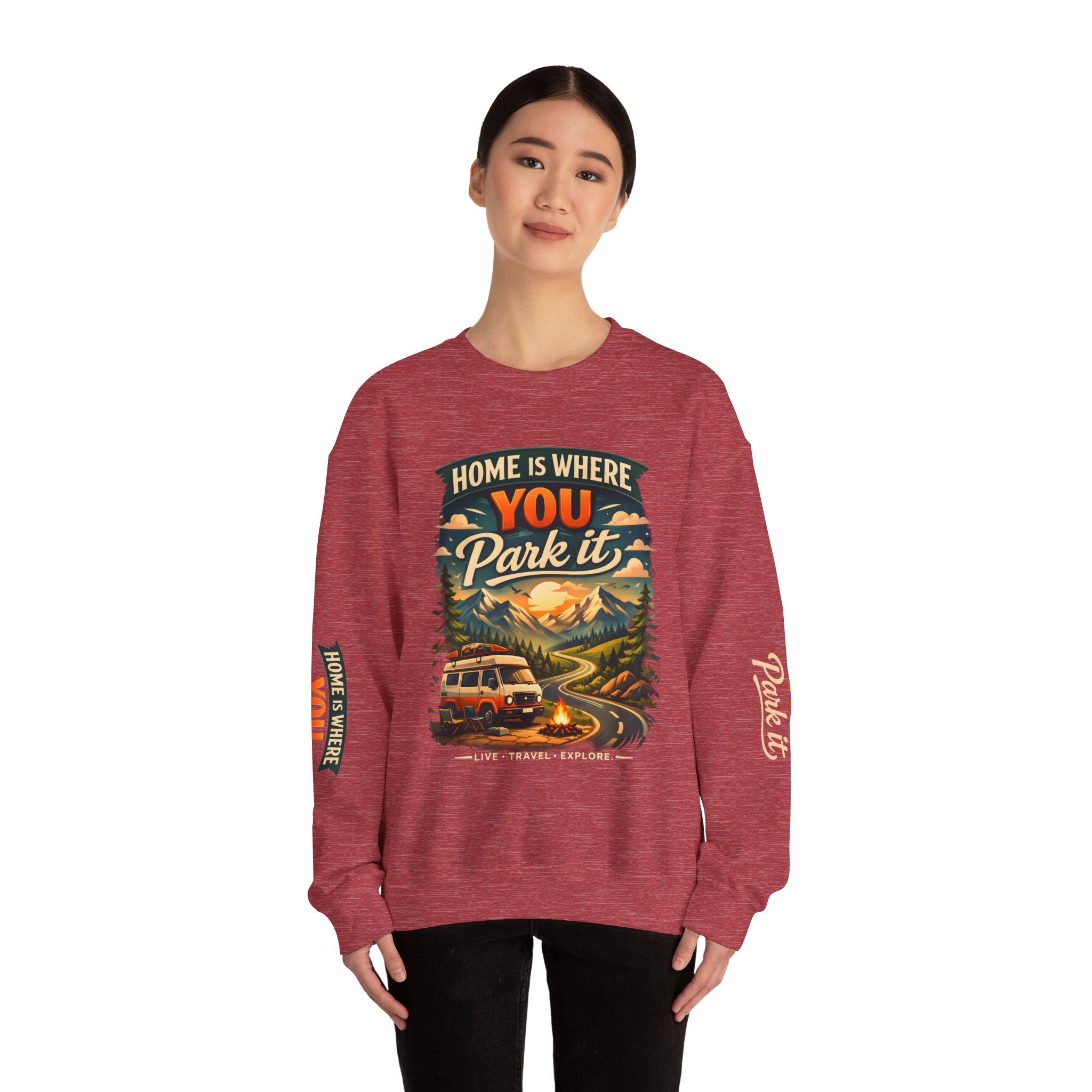 Unisex Heavy Blend™ Crewneck Sweatshirt — "Home Is Where You Park It" Design Scenic-Line