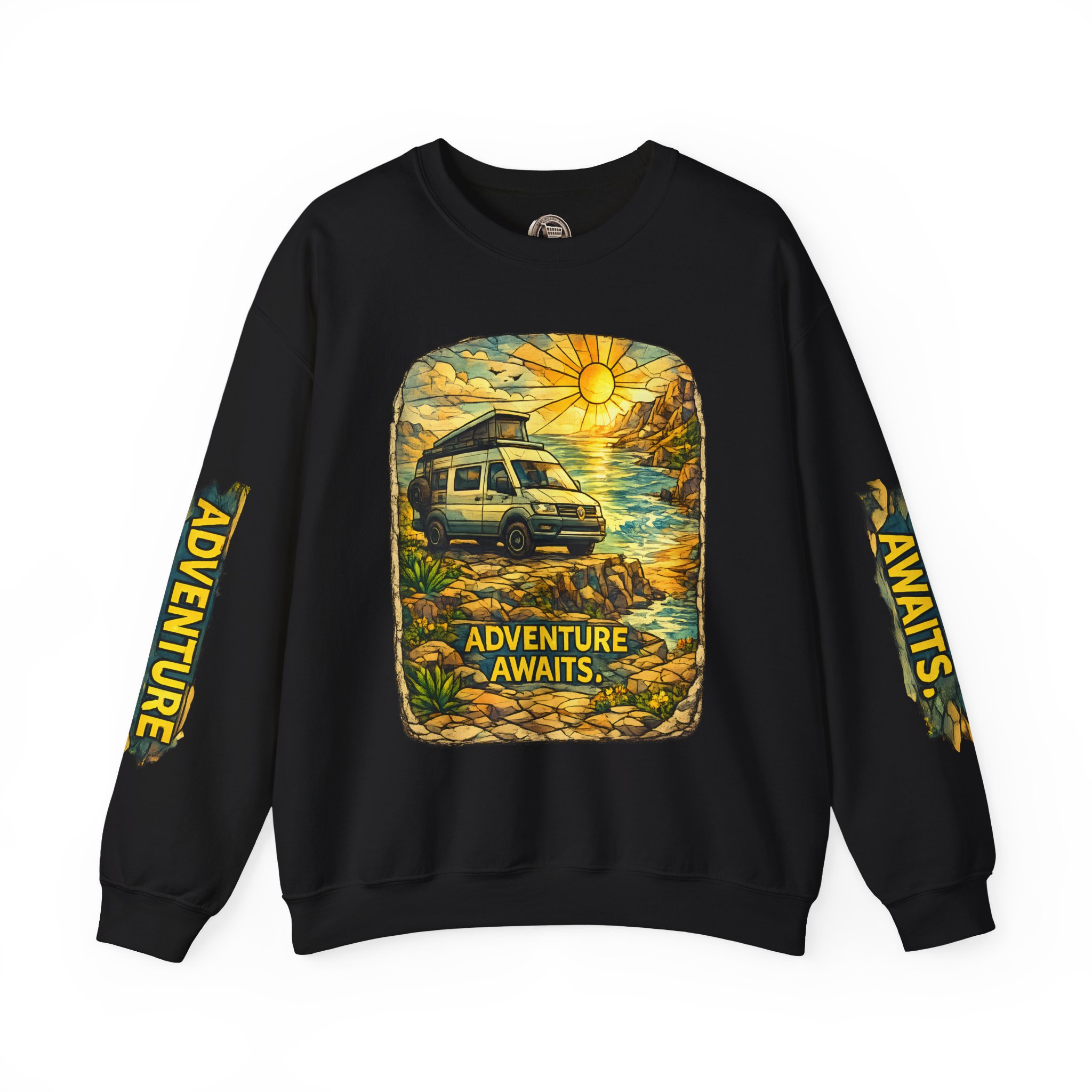 Unisex Heavy Blend™ Crewneck Sweatshirt — "Adventure Awaits" Design Cubic-Line