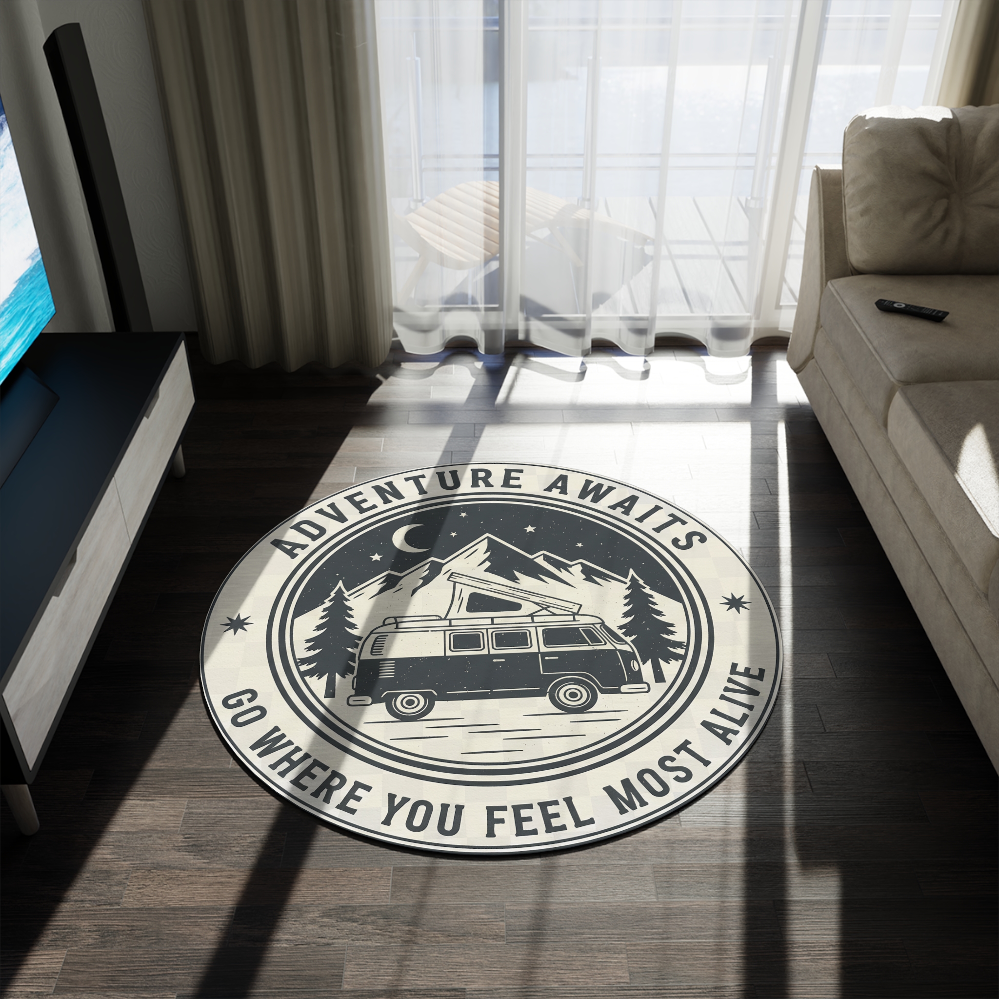 Round Rug - 'Adventure Awaits: Go Where You Feel Most Alive' Camper Van Mountain Travel Mat