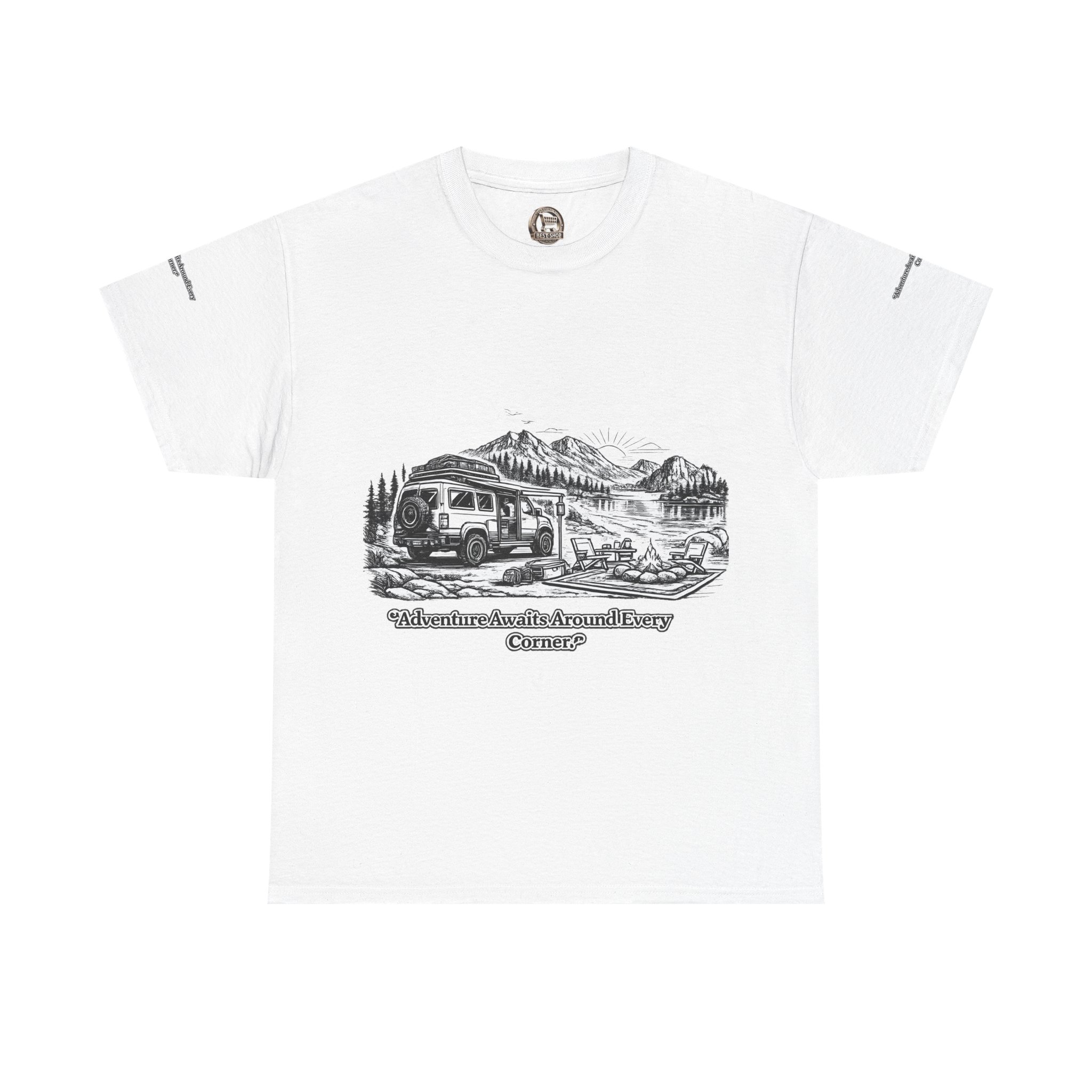 Unisex Heavy Cotton Tee — "Adventure Awaits Around Every Corner" Design Minimal-Line