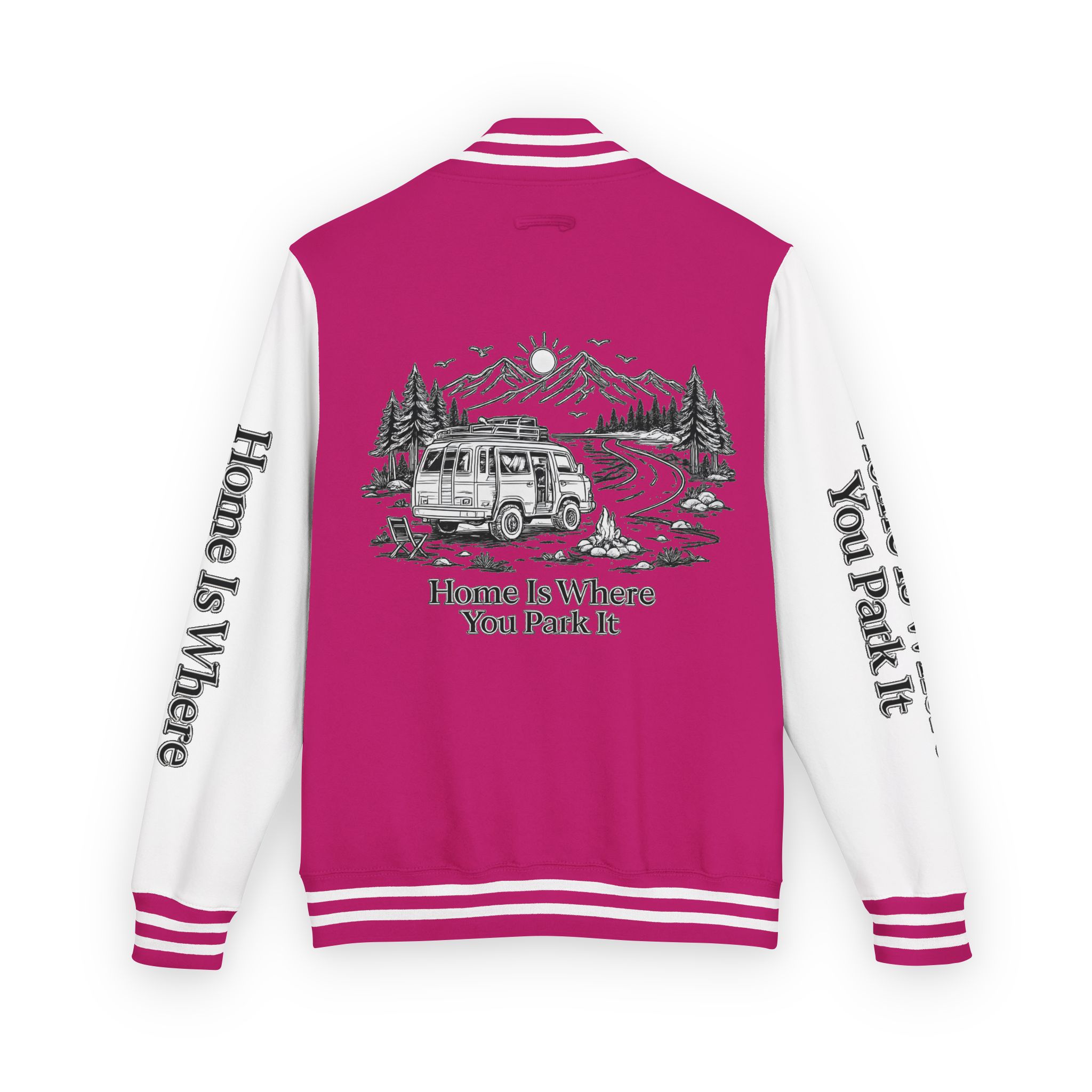 Unisex Heavyweight Letterman Jacket — "Home Is Where You Park It" Travel Varsity Coat