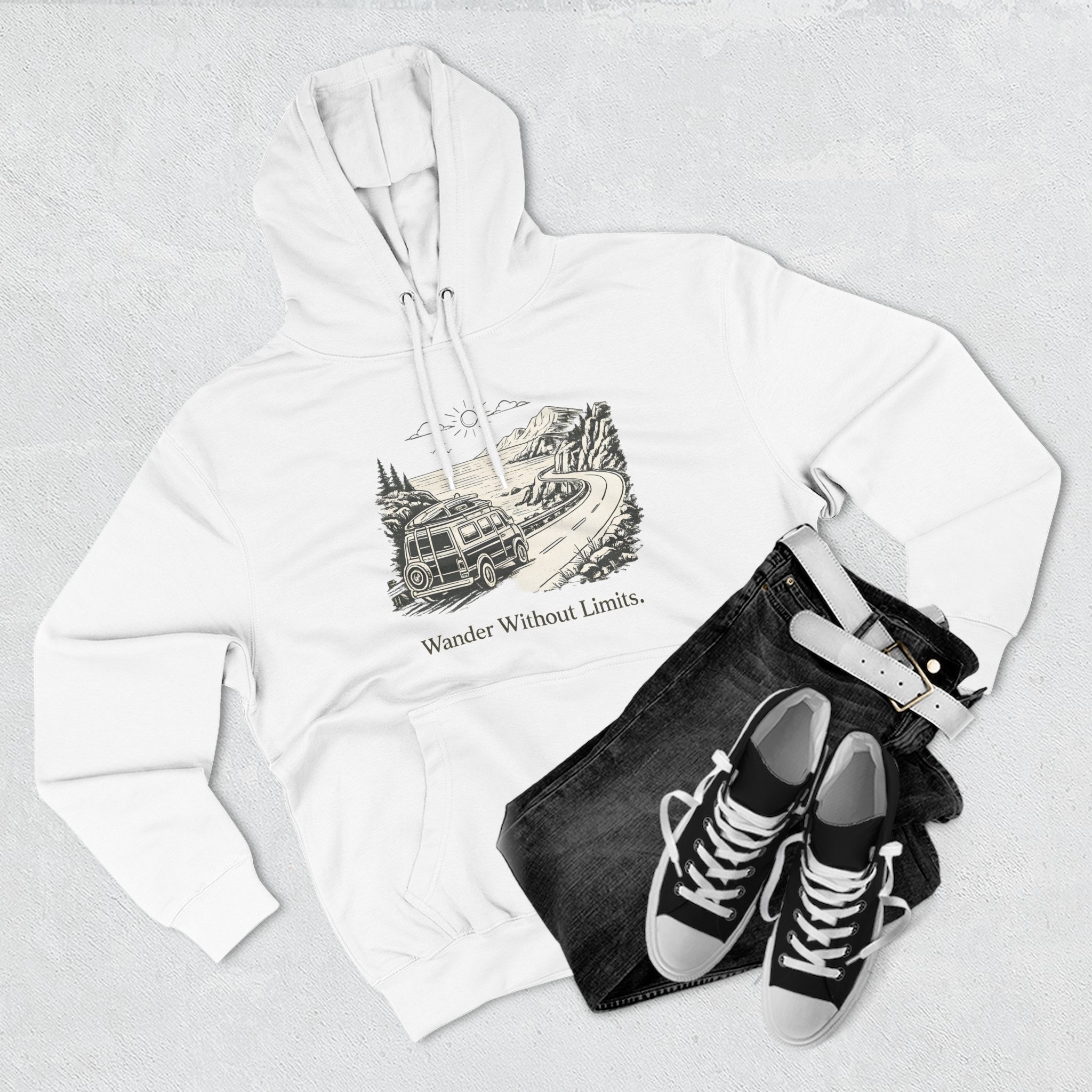 Three-Panel Fleece Hoodie - "Wander Without Limits" Design Minimal-Line