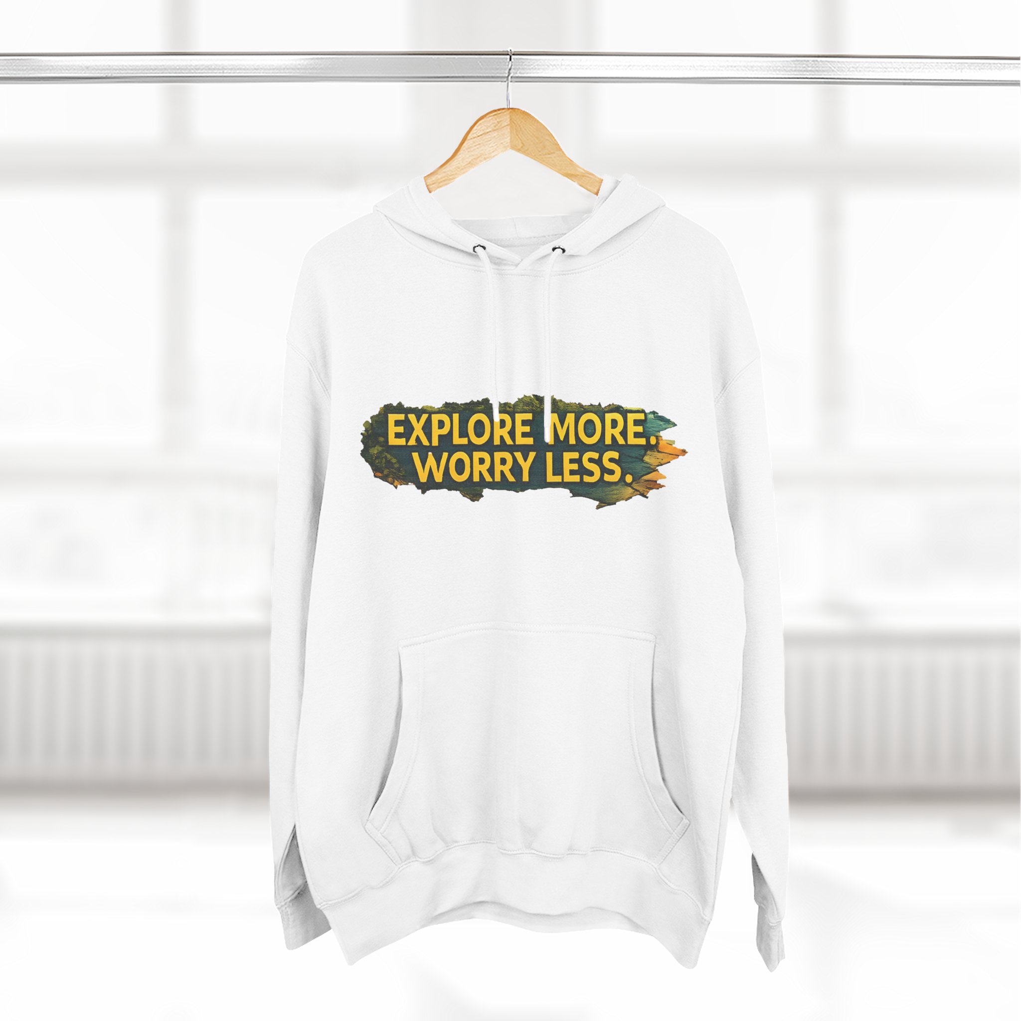 15543581507437966593_2048.jpeg Three-Panel Fleece Hoodie - "Explore More Worry Less" Design Cubic-Line