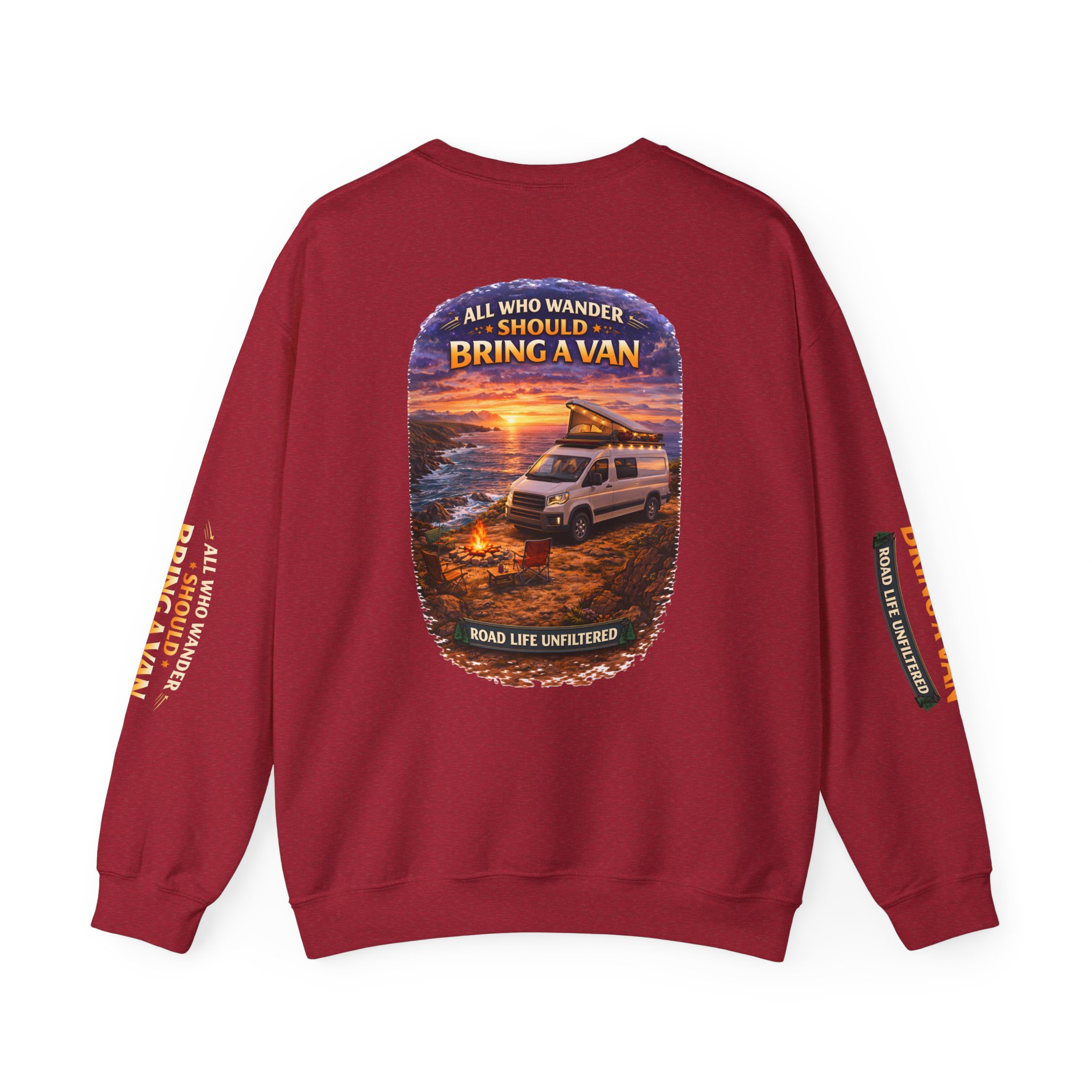 Unisex Heavy Blend™ Crewneck Sweatshirt — "All Who wander Should Bring A Van" Design Scenic-Line