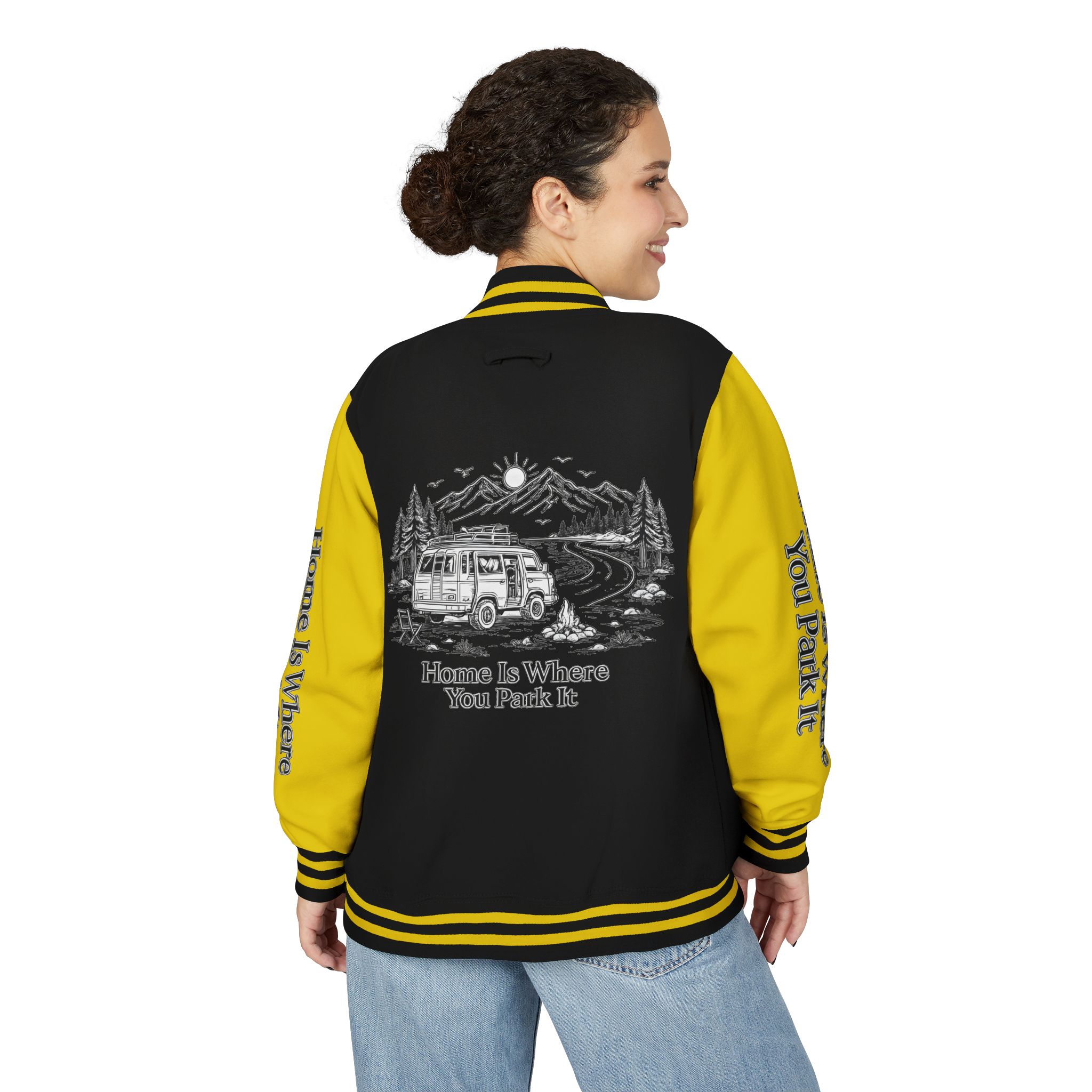Unisex Heavyweight Letterman Jacket — "Home Is Where You Park It" Travel Varsity Coat