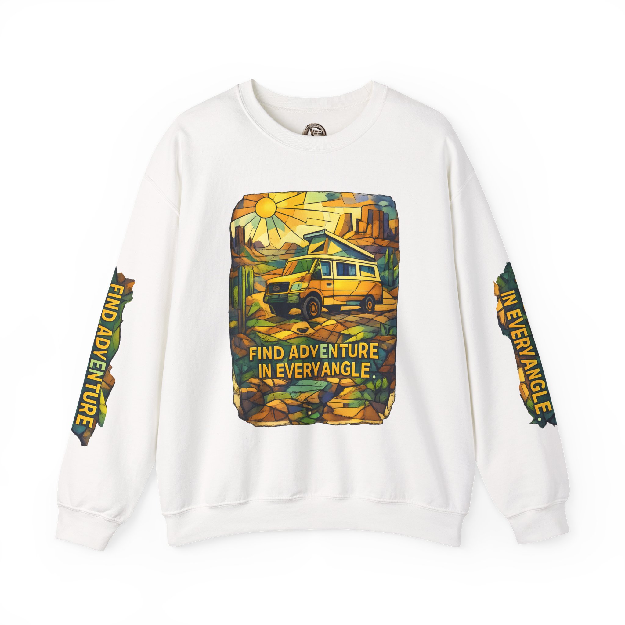 Unisex Heavy Blend™ Crewneck Sweatshirt — "Find Adventure In Every Corner" Design Cubic-Line