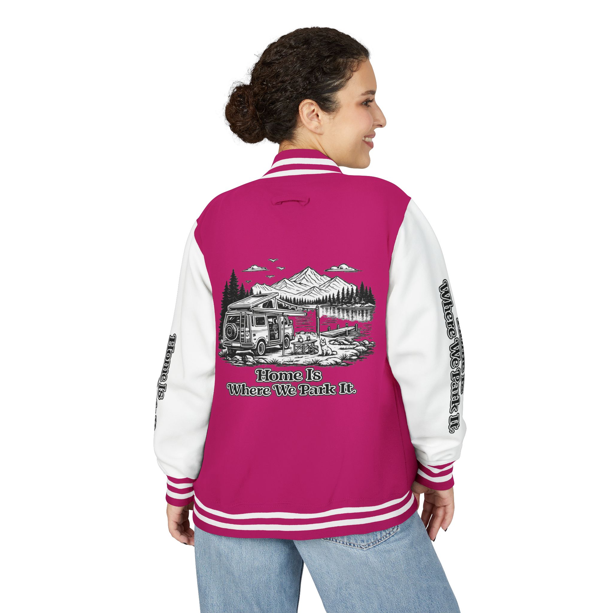 Unisex Heavyweight Letterman Jacket — "Home Is Where You Park It" Travel Varsity Coat