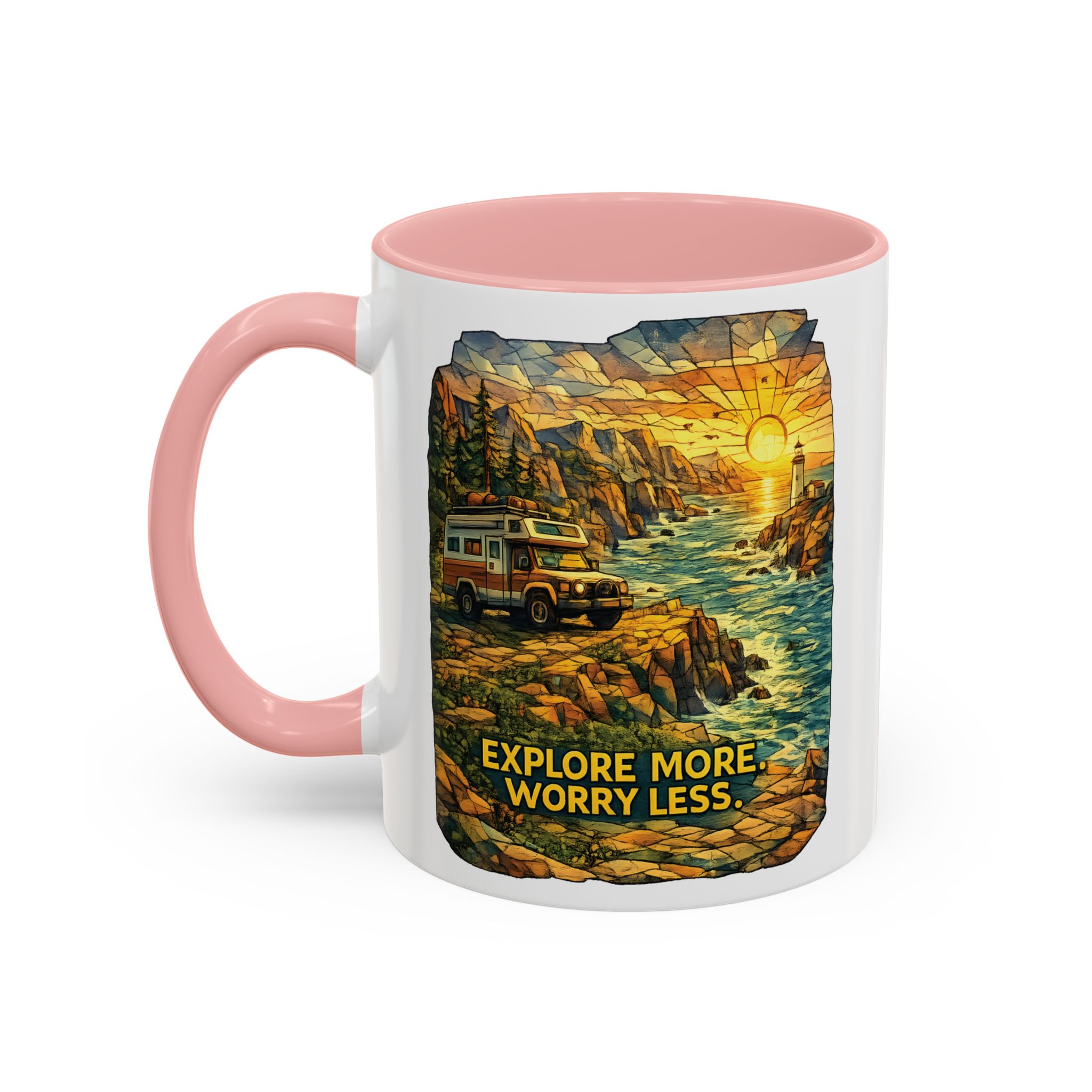 Accent Coffee Mug (11, 15oz) — "Explore More Worry Less" Design Cubic-Line
