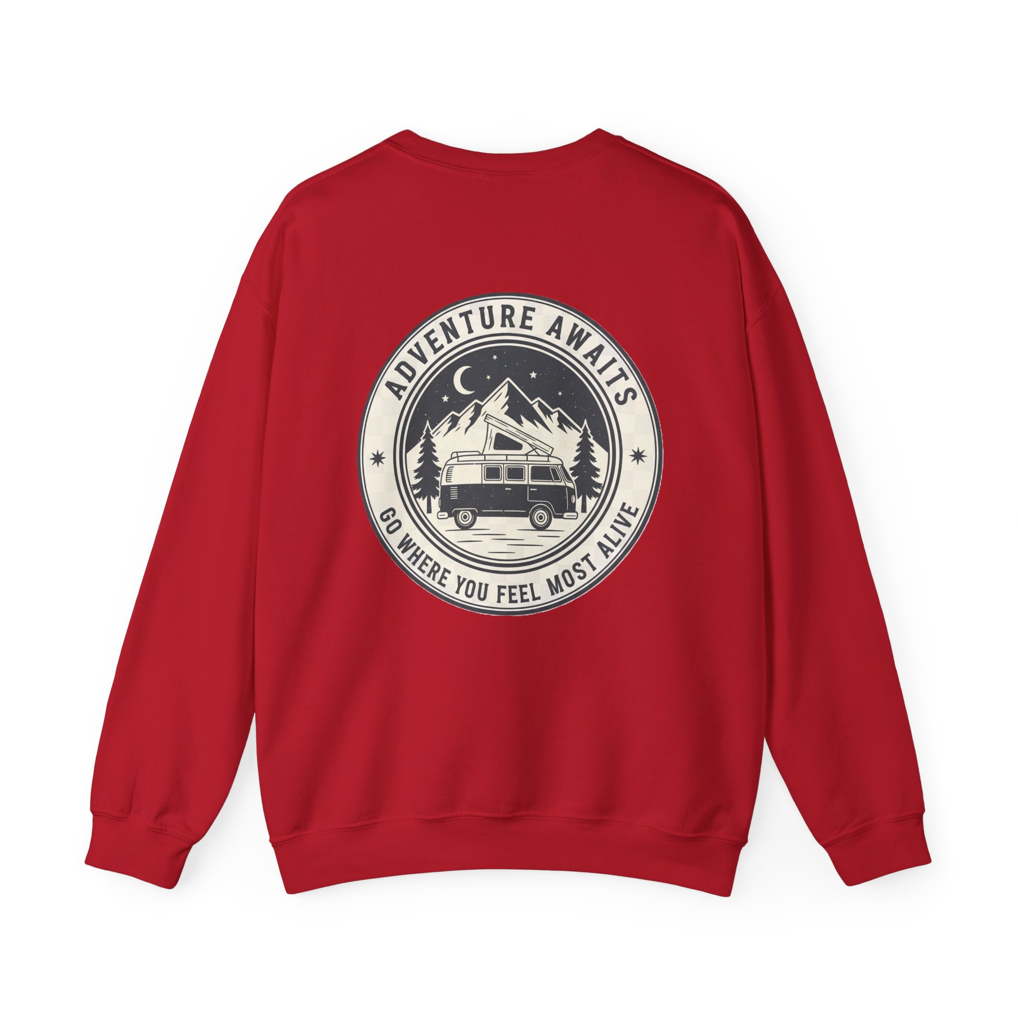 15579517375652919063_2048.jpeg Crewneck Sweatshirt — "Adventure Awaits-Go Where You Feel Most Alive" (Only Back printed) Vintage Camper Van Outdoor Graphic