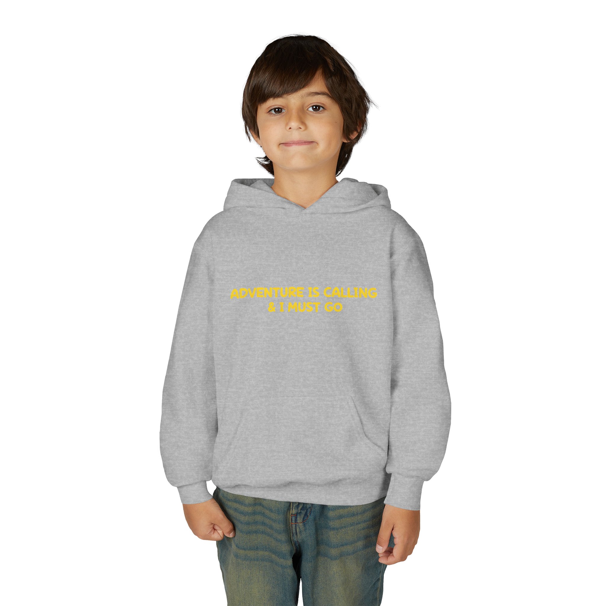 Youth Hoodie(Gildan) – "Adventure Is Calling-I Must Go" (Design Sitcom-Line)
