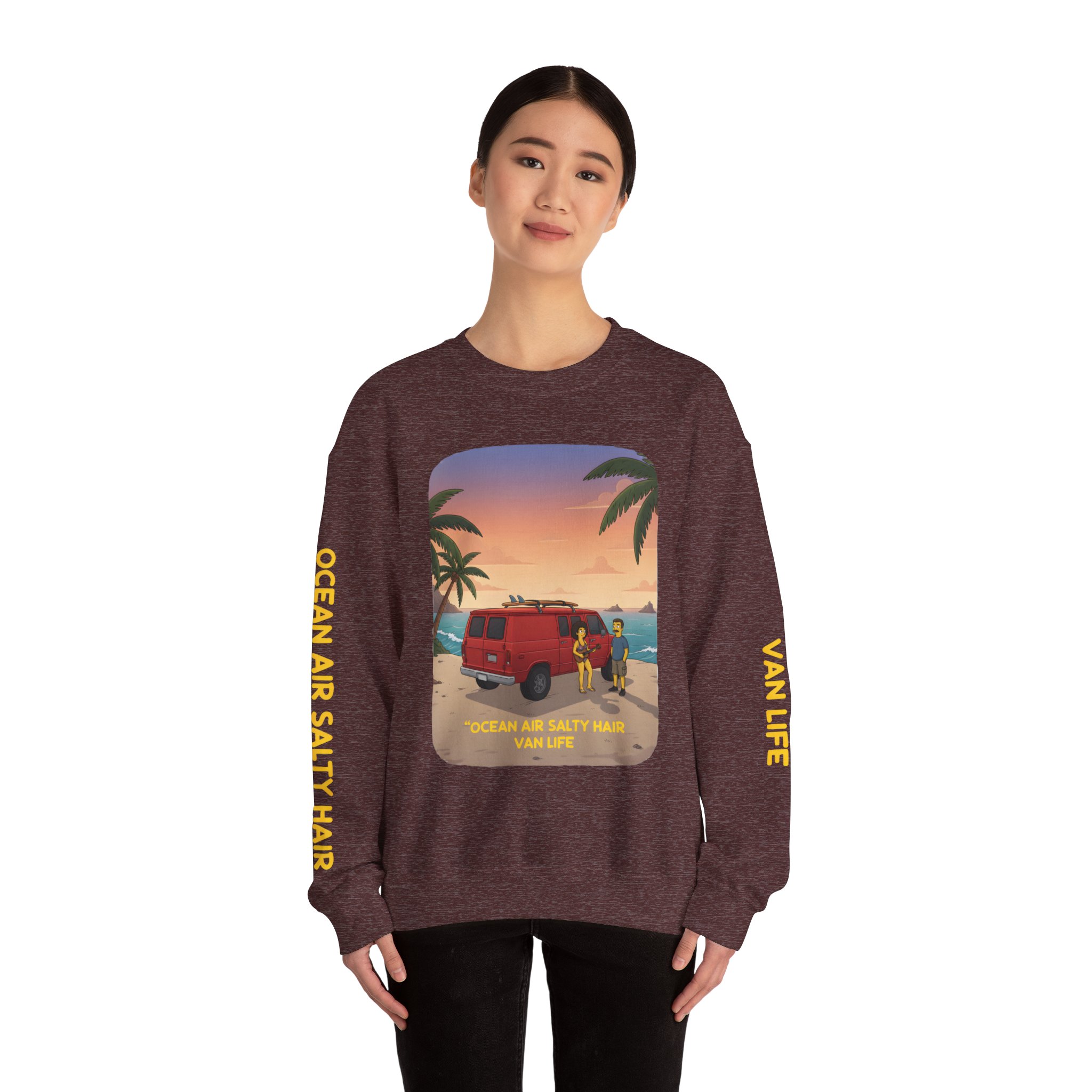 Unisex Heavy Blend™ Crewneck Sweatshirt — "Ocean Air Salty Hair Van Life" Design Sitcom-Line