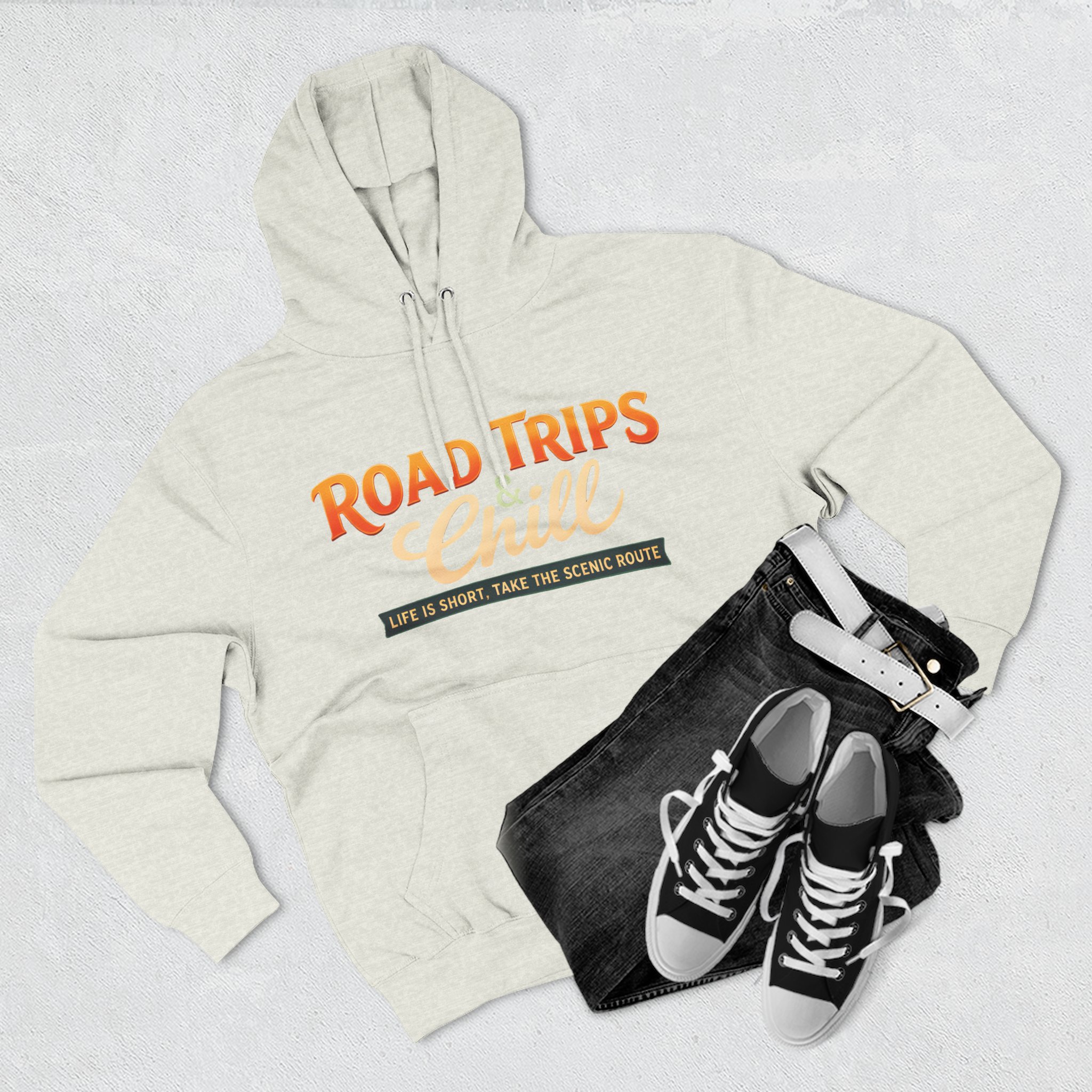 Three-Panel Fleece Hoodie - "Road Trips & Chill" Design Scenic-Line