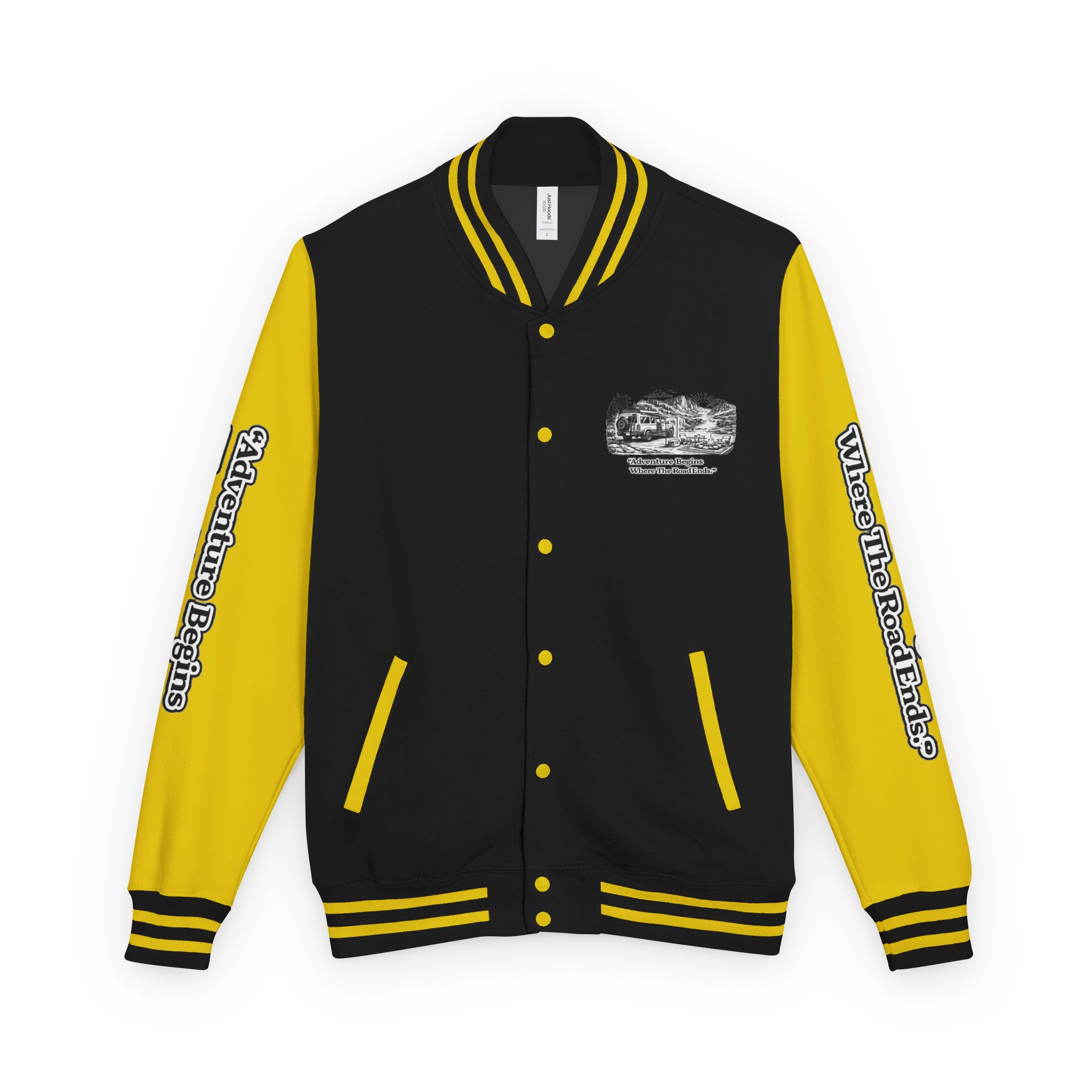 15618613951408515014_2048-1.jpeg Unisex Heavyweight Letterman Jacket — "Adventure Begins Where The Road Ends" Travel Varsity Coat