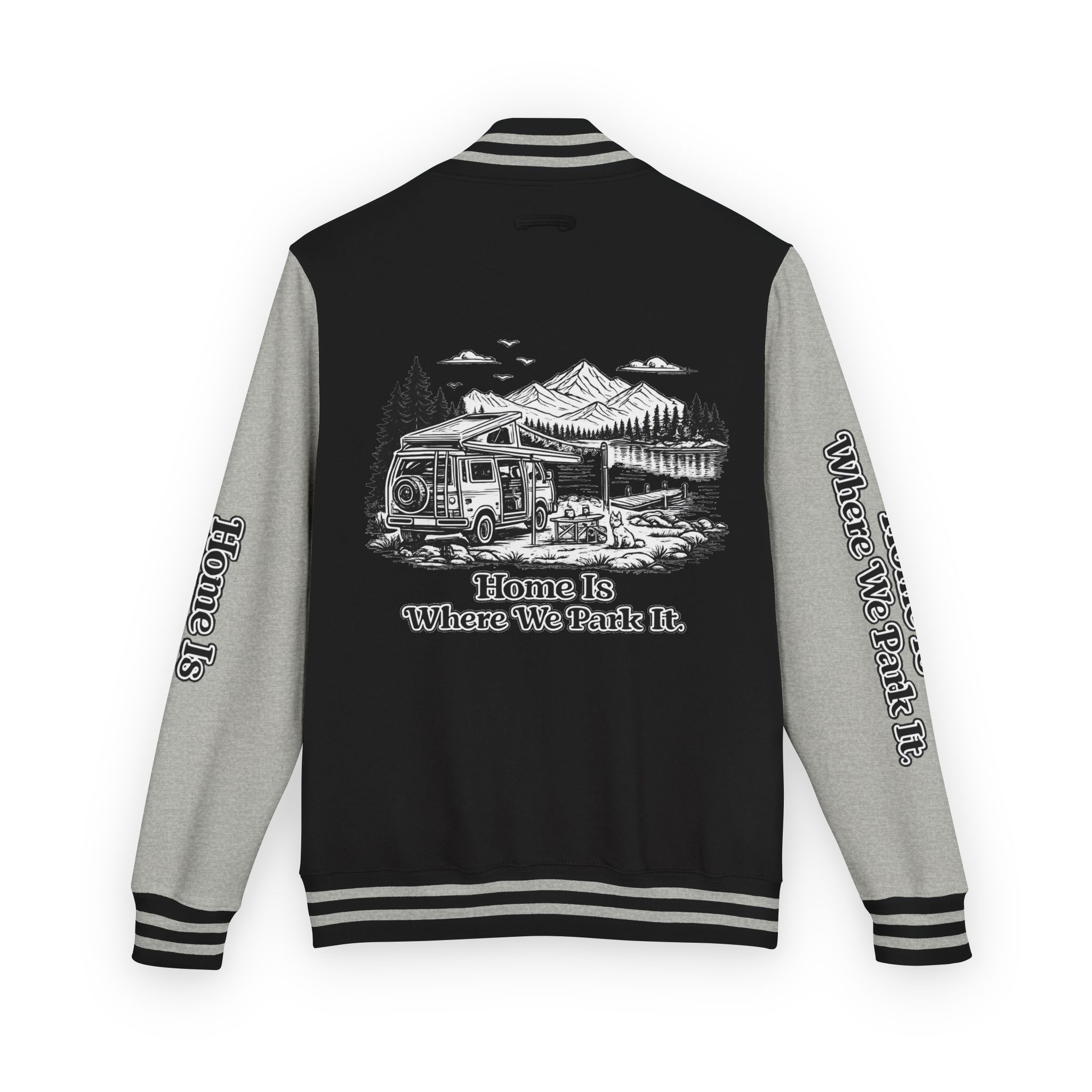 Unisex Heavyweight Letterman Jacket — "Home Is Where You Park It" Travel Varsity Coat