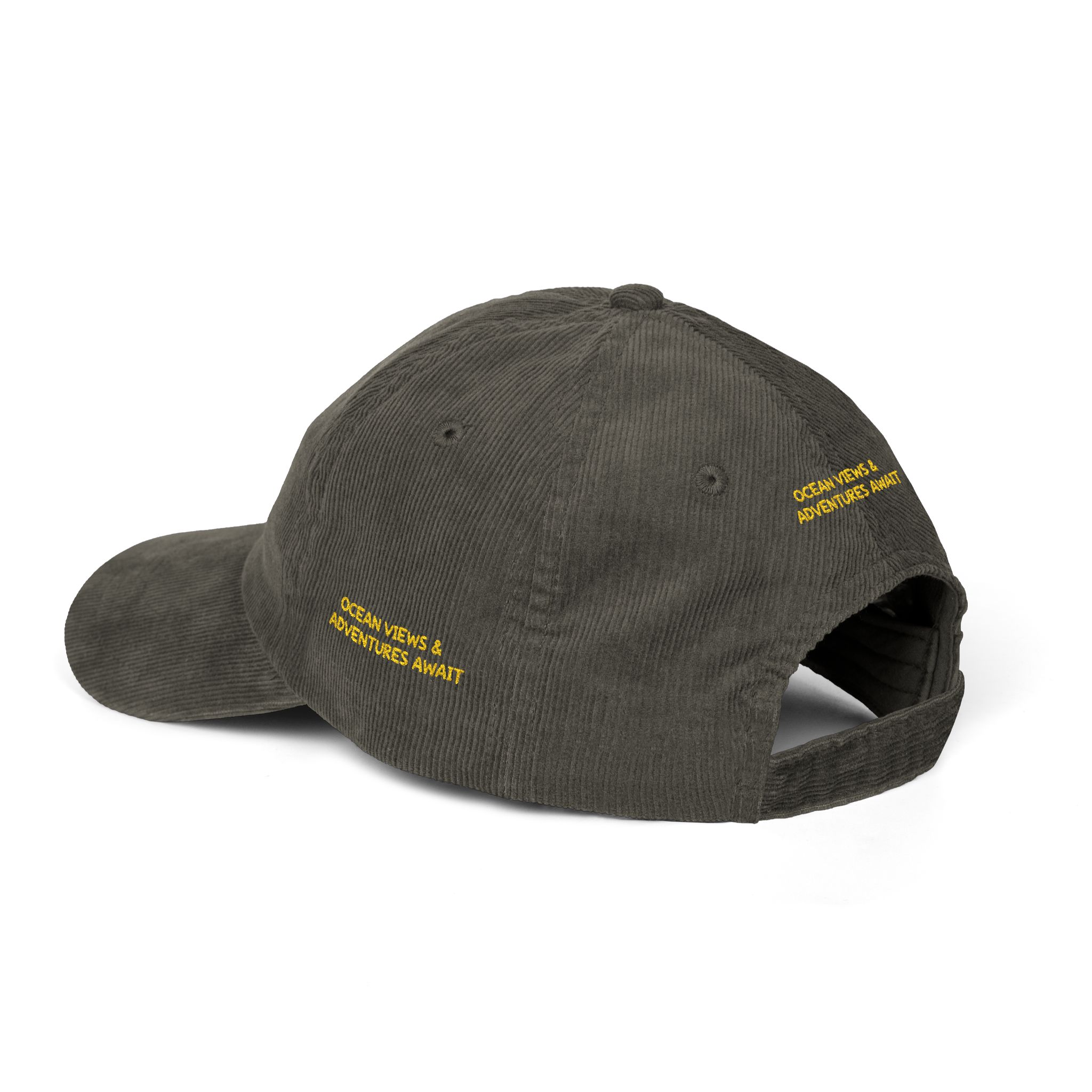 Vintage Corduroy Cap (Embroidery) — "Ocean Views & Adventures Awaits" Embroidered Hat
