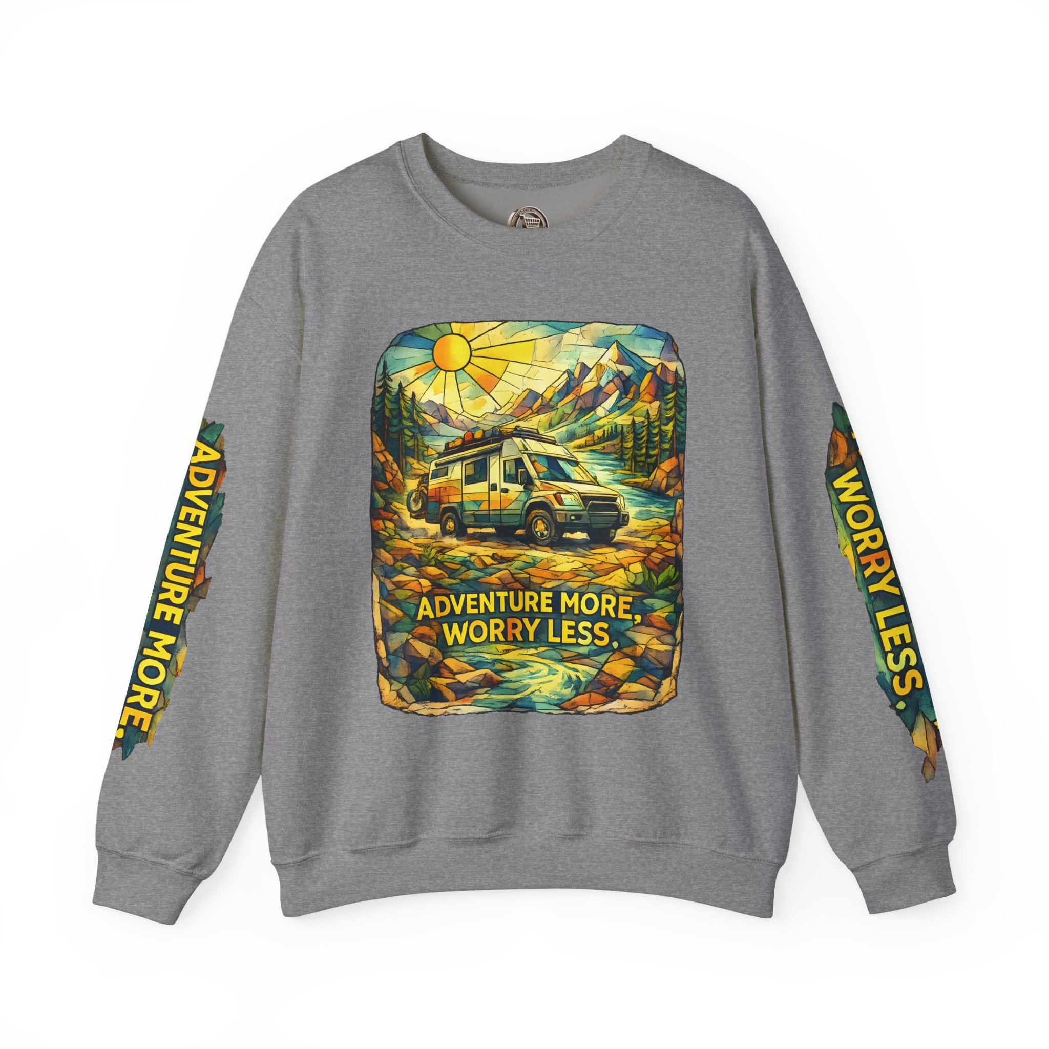 Unisex Heavy Blend™ Crewneck Sweatshirt — "Adventure More Worry Less" Design Cubic-Line