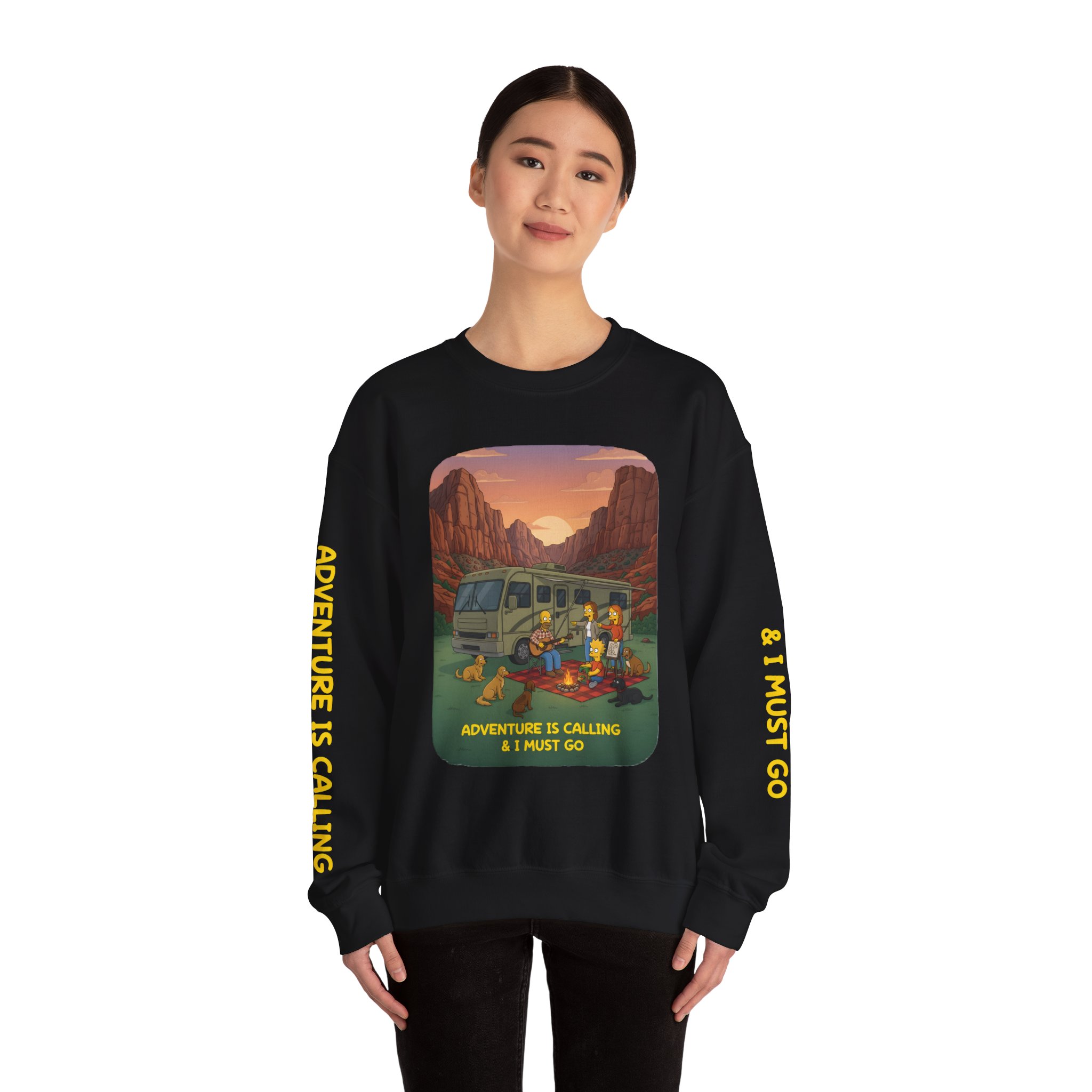Unisex Heavy Blend™ Crewneck Sweatshirt — "Adventure Is Calling-I Must Go" Design Sitcom-Line