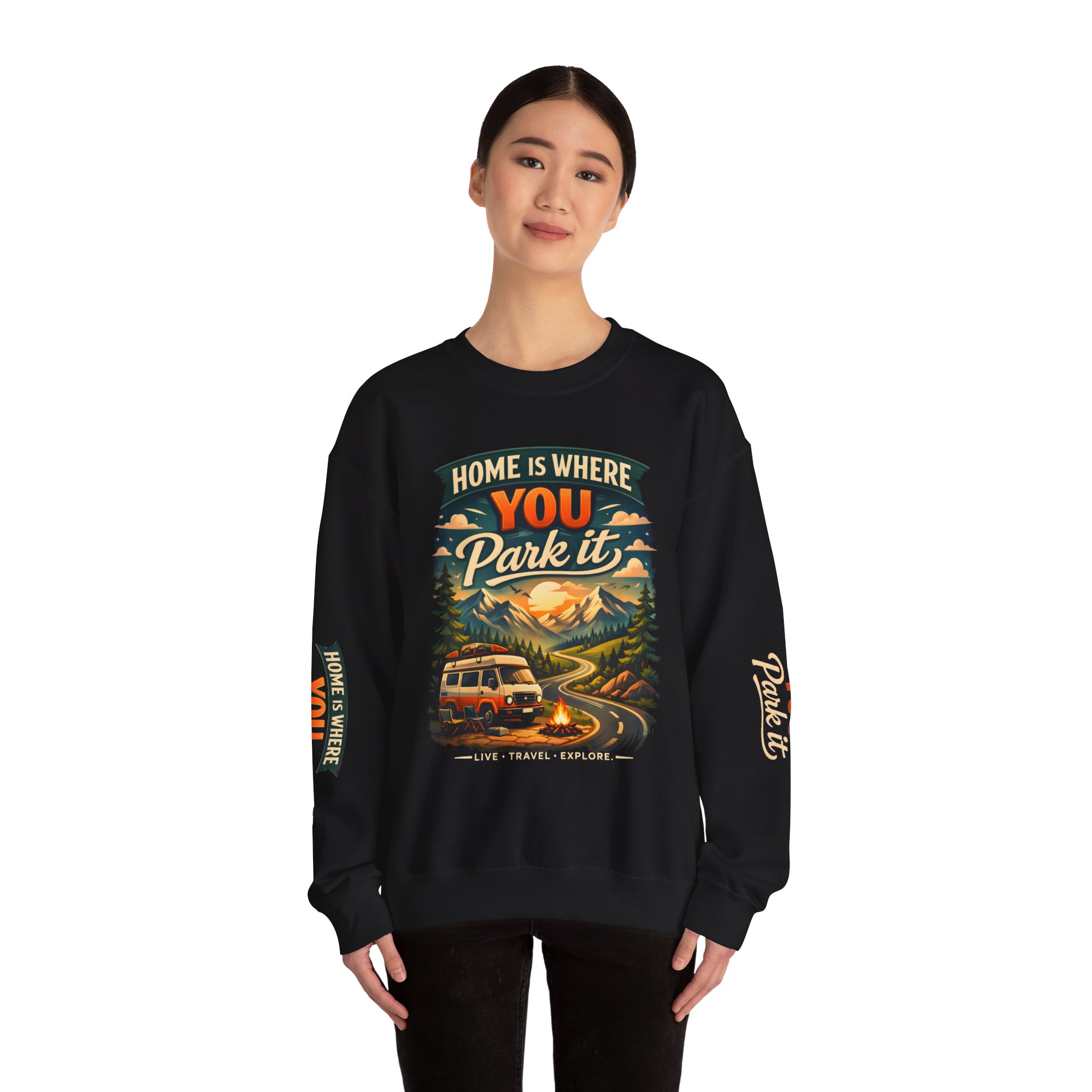 Unisex Heavy Blend™ Crewneck Sweatshirt — "Home Is Where You Park It" Design Scenic-Line