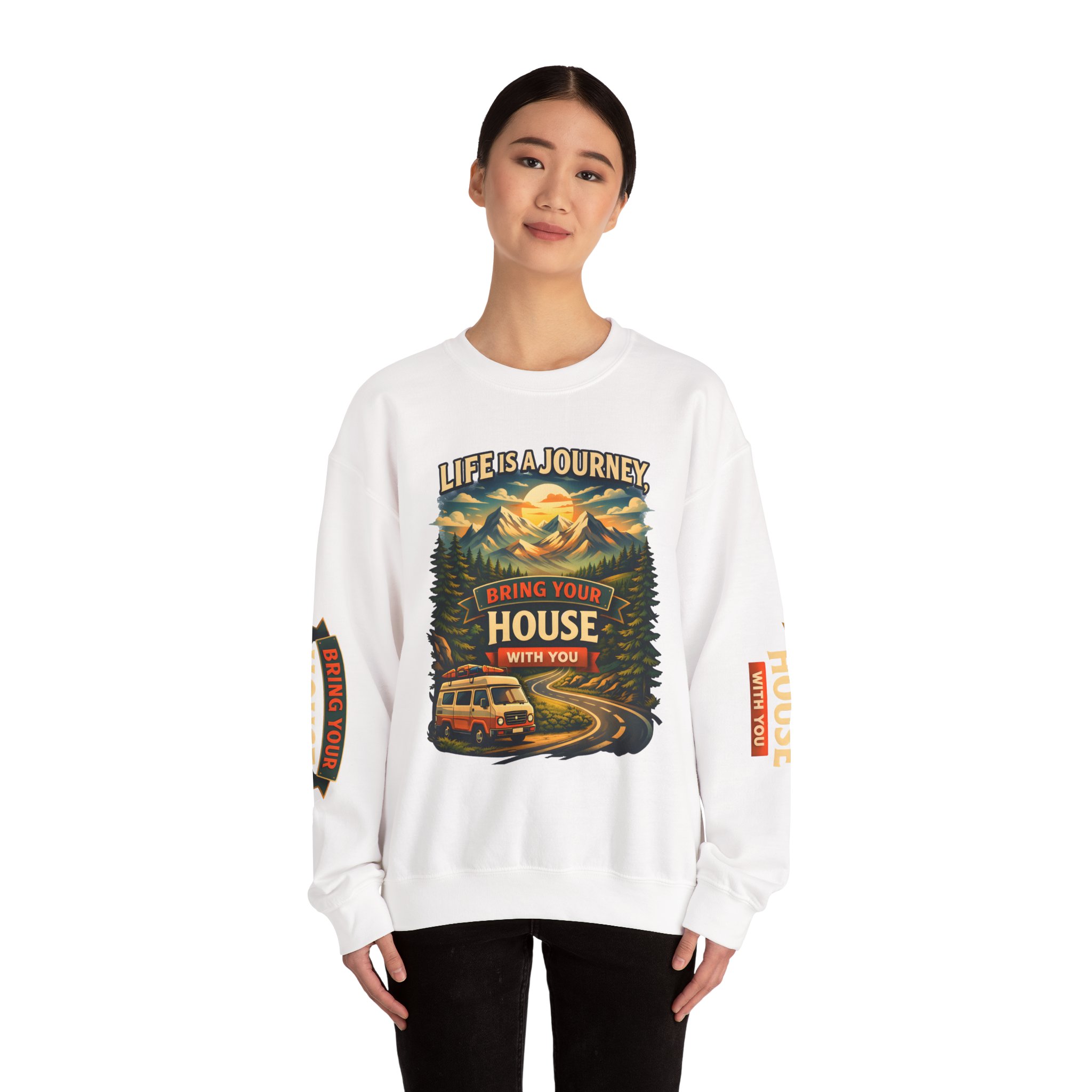 Unisex Heavy Blend™ Crewneck Sweatshirt — "Live Is A Journey-Bring Your House With You" Design Scenic-Line
