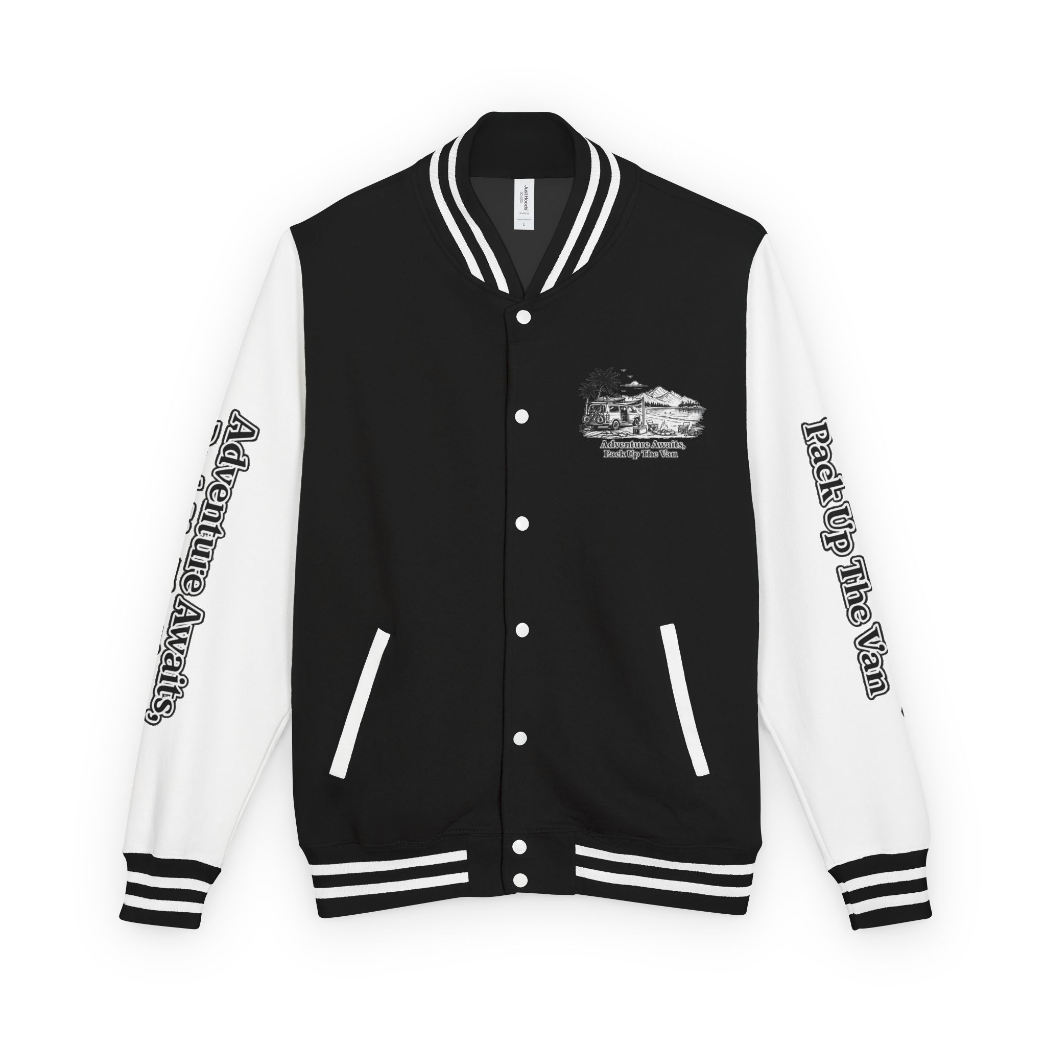 Unisex Heavyweight Letterman Jacket — "Adventure Awaits,Pack Up The Van" Travel Varsity Coat