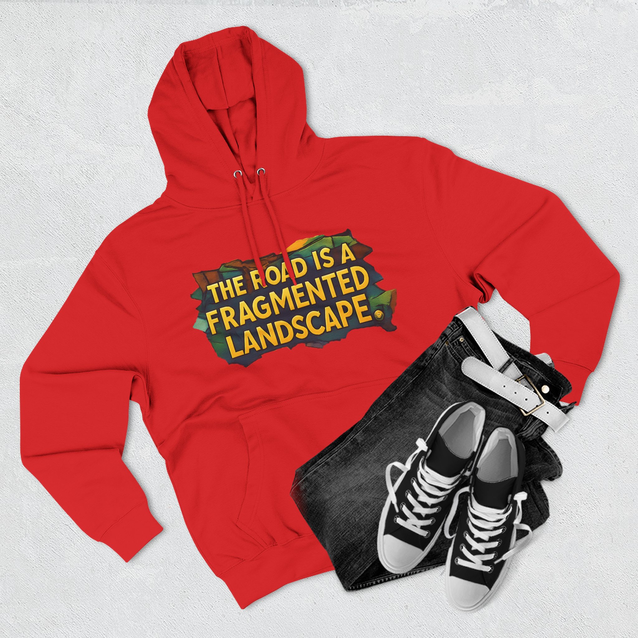 Three-Panel Fleece Hoodie - "The Road Is A Fragmented Landscape" Design Cubic-Line