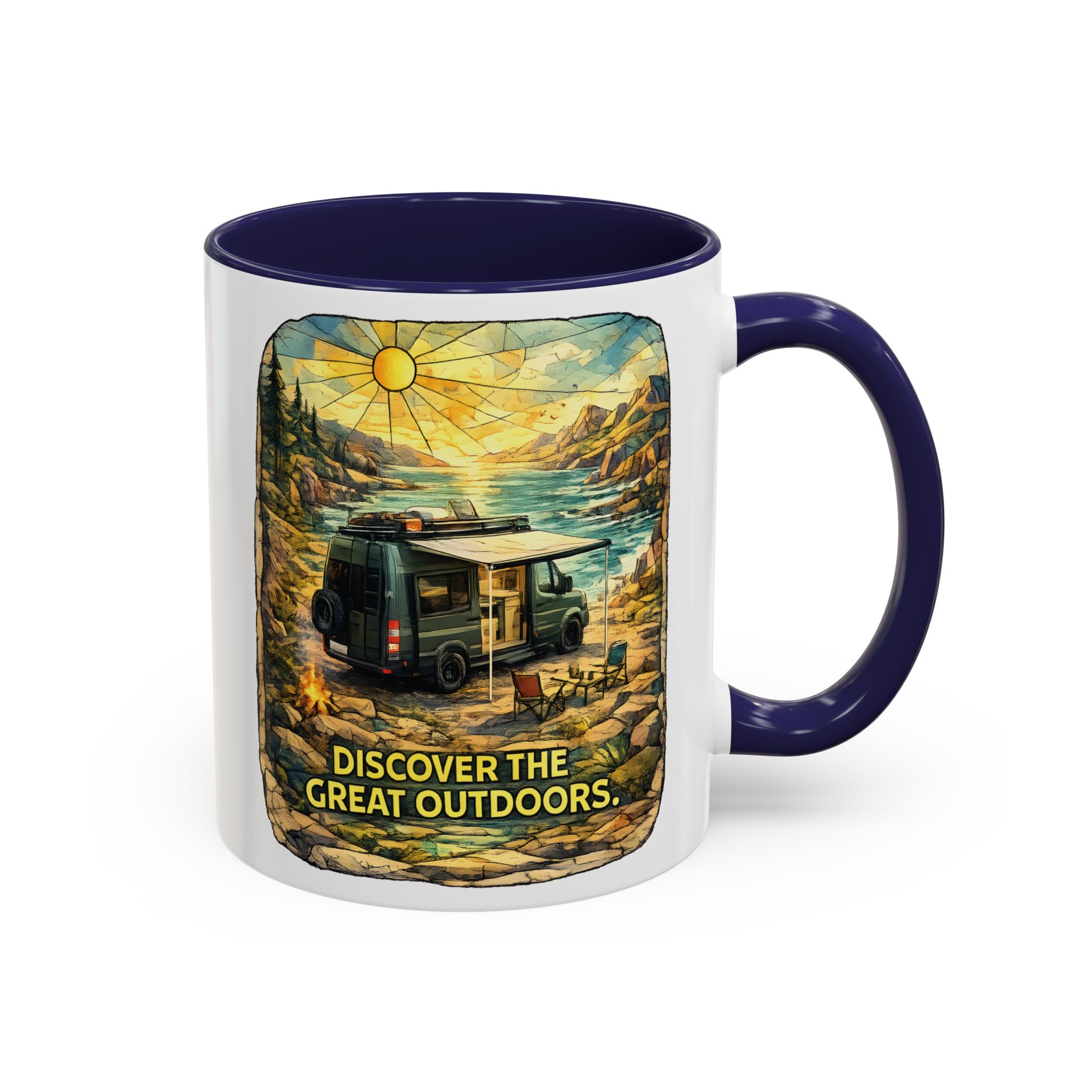 Accent Coffee Mug (11, 15oz) — "Discover The Great Outdoors" Design Cubic-Line