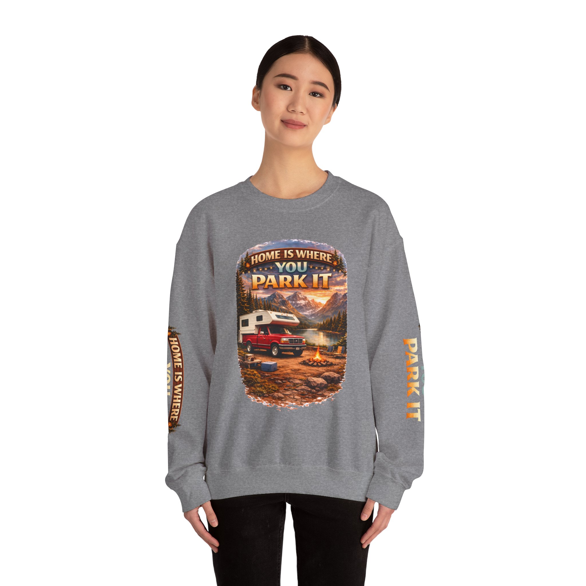 Unisex Heavy Blend™ Crewneck Sweatshirt — "Home Is Where You Park It" Design Scenic-Line