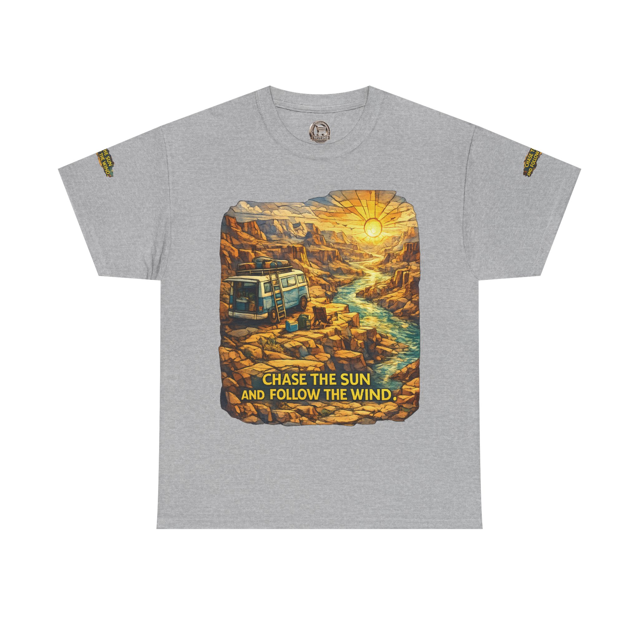 15665220957142448666_2048.jpeg Unisex Heavy Cotton Tee — "Chase The Sun And Follow The Wind" Design Cubic-Line