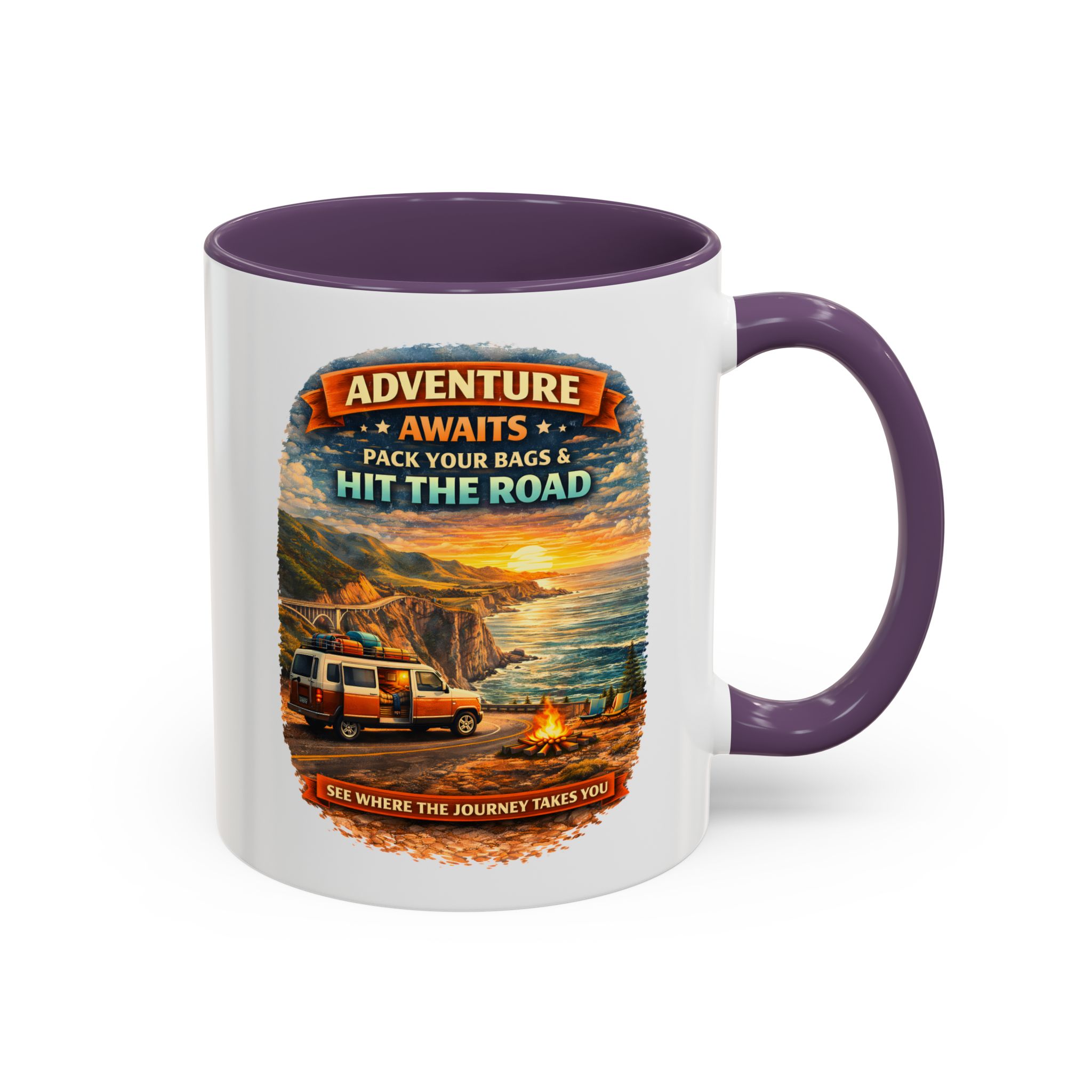 Accent Coffee Mug (11, 15oz) — "Adventure Awaits-Pack Your Bags" Design Scenic-Line