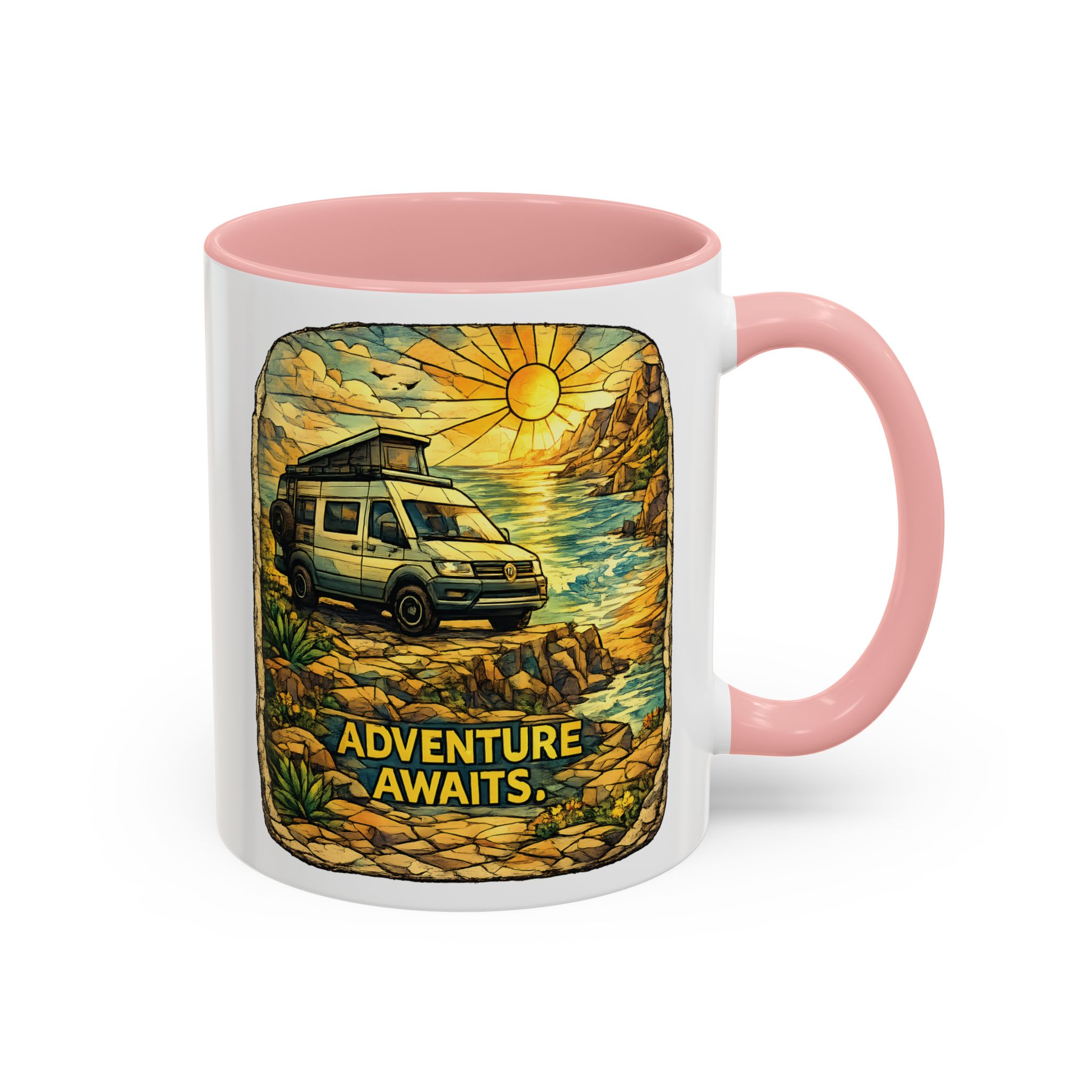 Accent Coffee Mug (11, 15oz) — "Adventure Awaits" Design Cubic-Line