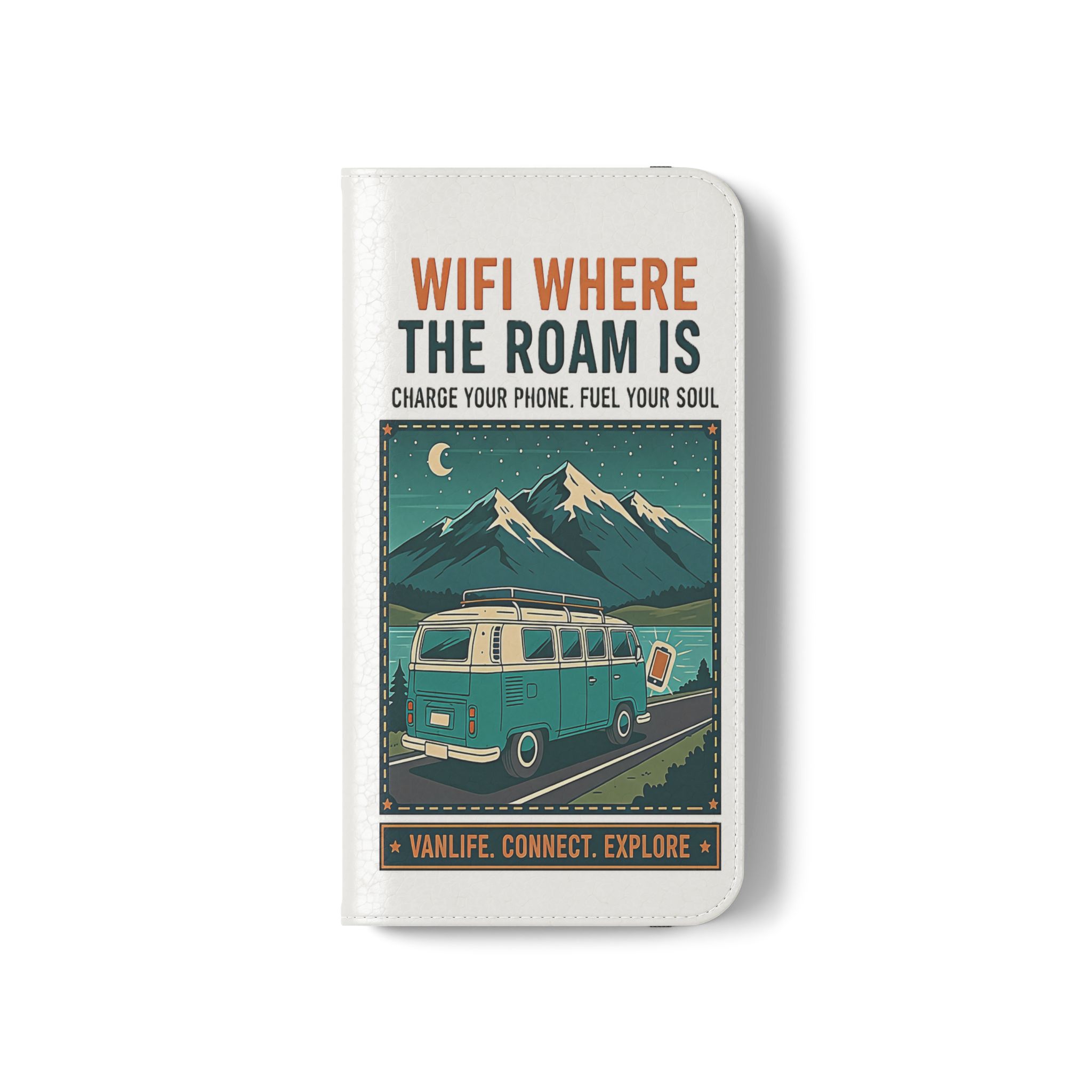 Flip Phone Case — “WiFi Where the Roam Is” Vanlife Wallet Case