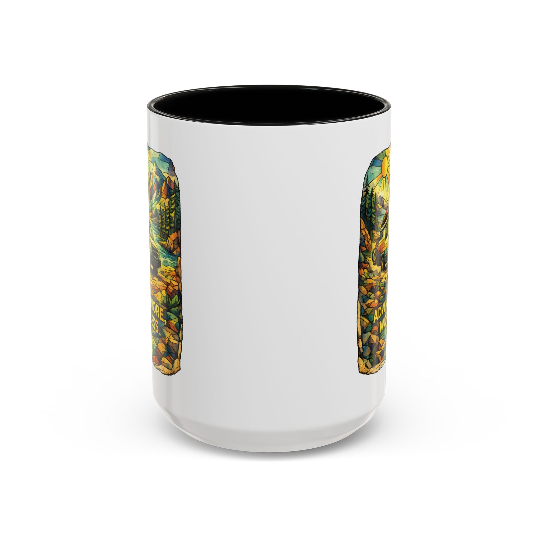 Accent Coffee Mug (11, 15oz) — "Adventure More Worry Less" Design Cubic-Line
