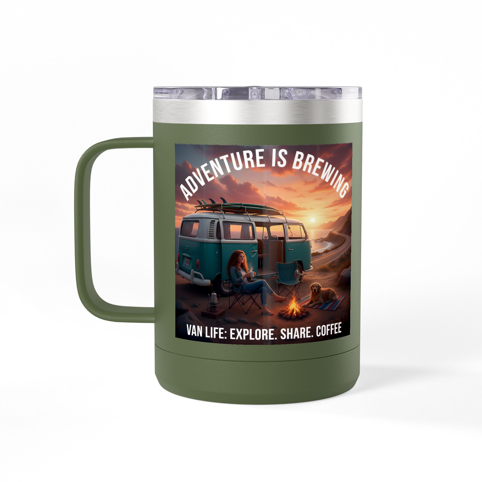 Coffee Mug Tumbler, 15oz-- "Adventure Is Brewing"